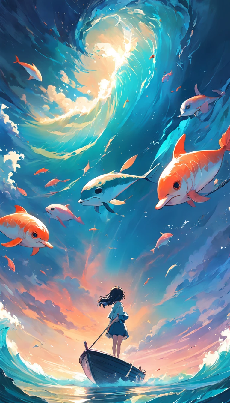 Pintura de um golfinho nadando no oceano colorido, Look up at the composition,sky whales, inspirado em Cyril Rolando, dreamy psychedelic anime, fundo colorido do filme anime, a beautiful artwork illustration, autor:Shitao, arte conceitual colorida, Makoto Shinkai Cirilo Rolando, ao estilo de Cyril Rolando, Baleia voadora, aquarela altamente detalhada 8k, Aquarela altamente detalhada 8 K,Octano,fim,Realistic,8k,Estilo Makoto Shinkai( Reasonable design, linhas claras, alta nitidez,best quality, Very detailed, master part, Efeito de luz do filme, 4k )