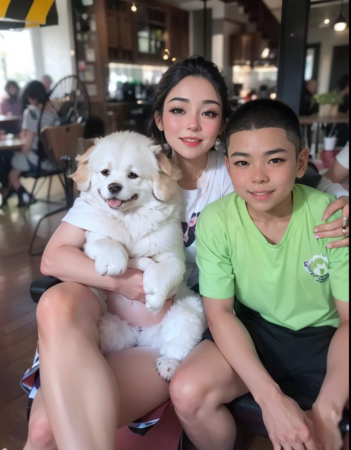 Behind is the mother holding the dog on her lap with her right hand, her left hand clasping the shoulder of her son on the right, Realistic anime, Colorful Anime、the color of the dress or the color of the clothes is as advertised in professional magazines, Hair style metallic red or green nuggets, iridescent eyebrows, beautiful glitter, attractive curves, smiling shyly, dimpled cheeks, genuine, shy smile, dimpled cheeks, bright red lips, bright scene, background bokeh, candy green tree lines, white human skin, bright, realistic face, like a professional portrait, DSLR, niji style,portrait, simple background,realistic, bare_shoulder, cleavage,