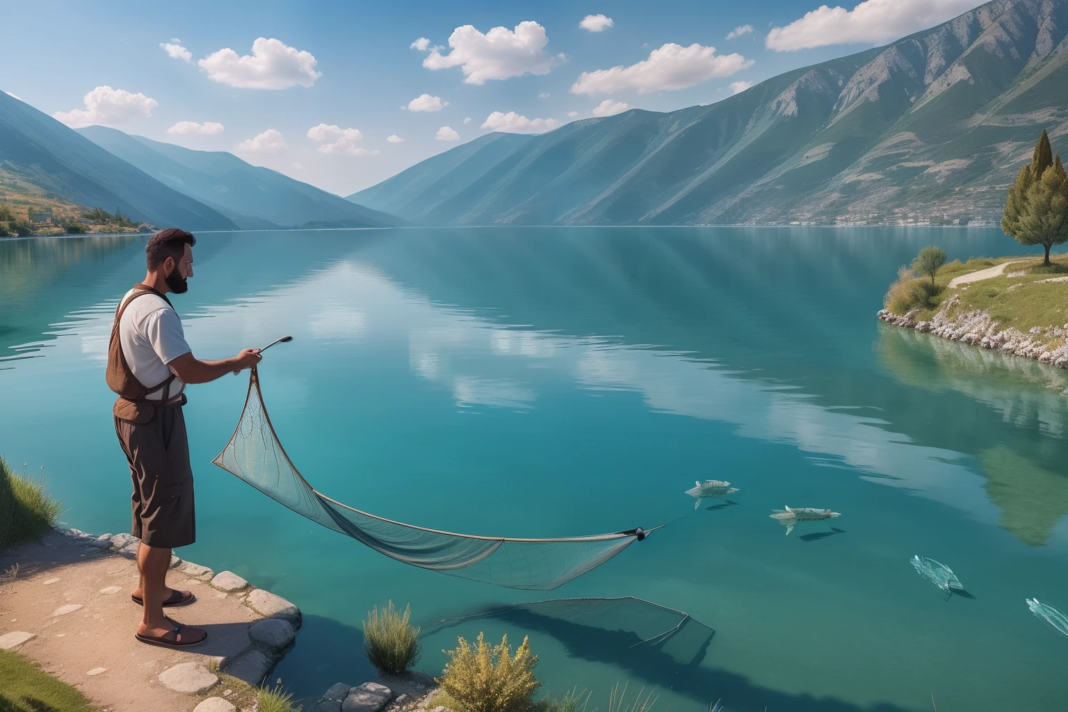 Year: 2021
Country: North Macedonia
Description: Amidst the picturesque landscapes of Lake Ohrid, an adult fisherman stands at the edge of the water, casting his net into the crystal-clear depths. The tranquil scene is enhanced by the gentle breeze and the warm afternoon sun, creating a sense of timeless connection to nature.