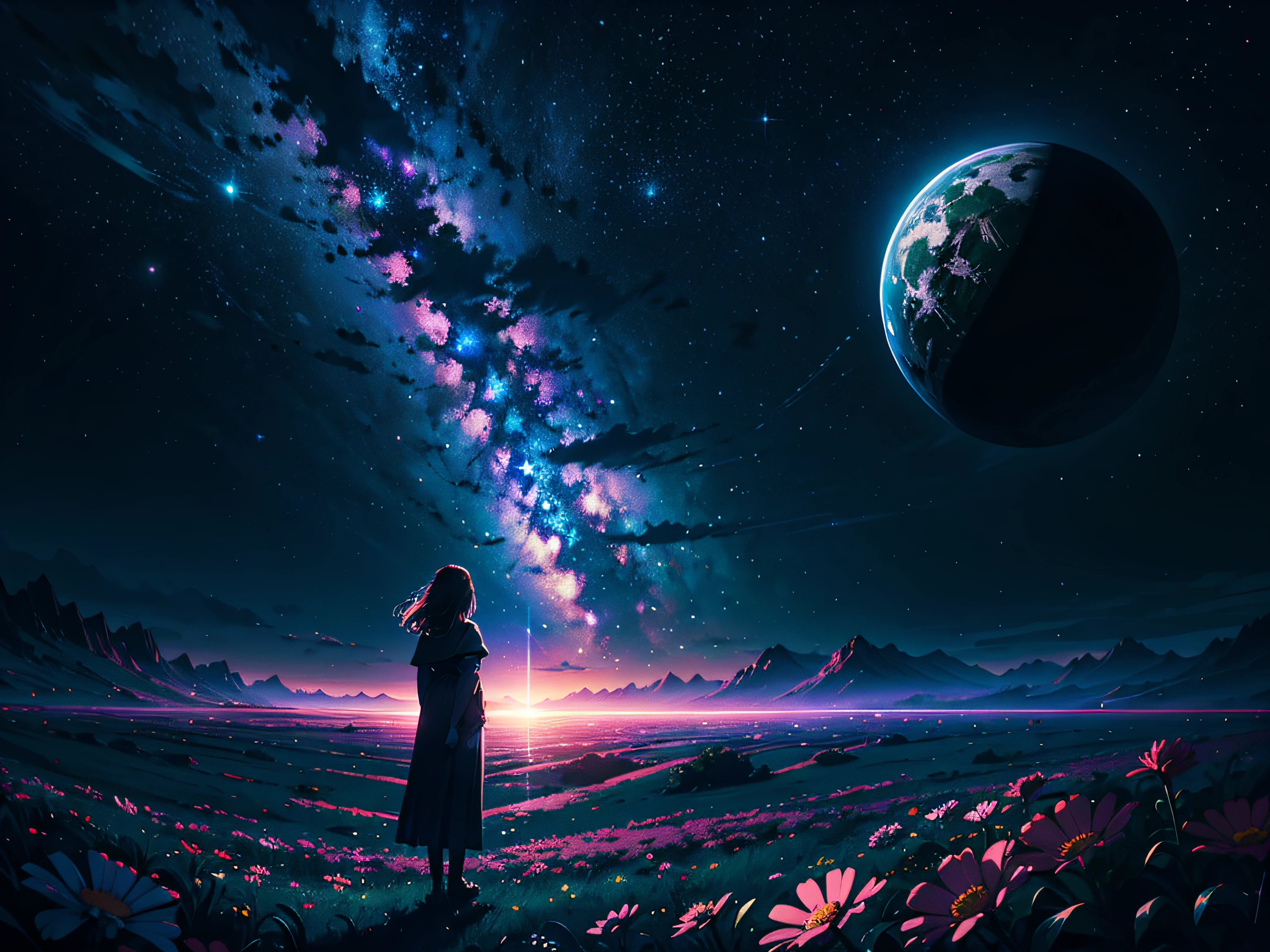4k Landscape, beautiful stars at background, looks like a dream, sky looking extremely beautiful, ultra resolution, perfect lighting, Dark space, space photo, extremely beautiful, fantasy world, girl standing on flowers, looking at the sky, dark vibes, perfect color grading, a planet at the sky