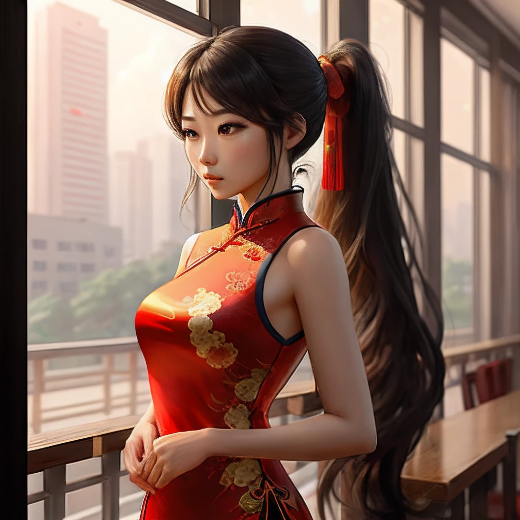 A two-dimensional girl with long hair and a ponytail red cheongsam