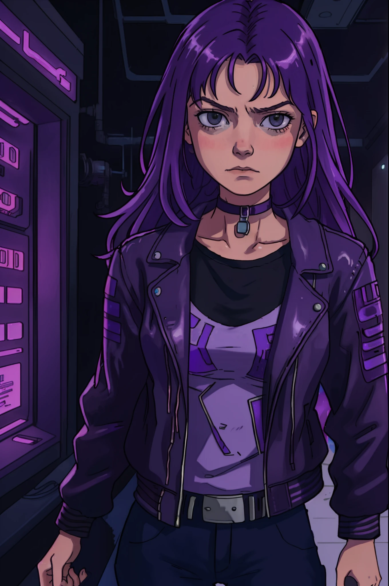 Tzindi Dexter is a girl who looks like Claire Forlani mixed with Claire Danes, full-height long-shot of punk girl in a leather jacket, choker, cyberpunk girl with a leather jacket, purple bangs long hair intricate, highly detailed, cinematic composition, cinematic lighting, hyperdetailed, (moebius art style:1.2)