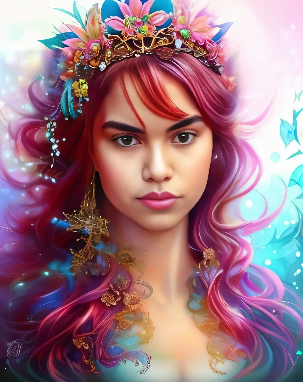 um close up de uma mulher com cabelo rosa e uma coroa, retrato bonito da arte da fantasia, retrato bonito da fantasia, Retrato do guerreiro da sereia, Retrato da rainha sereia, sereia bonita, linda arte digital linda, Retrato da Sereia, arte de fantasia digital colorida, lindo arte digital, retrato da arte da fantasia, arte bonita, retrato da fantasia, arte do retrato da fantasia, bela arte digital, lindo pintura digital