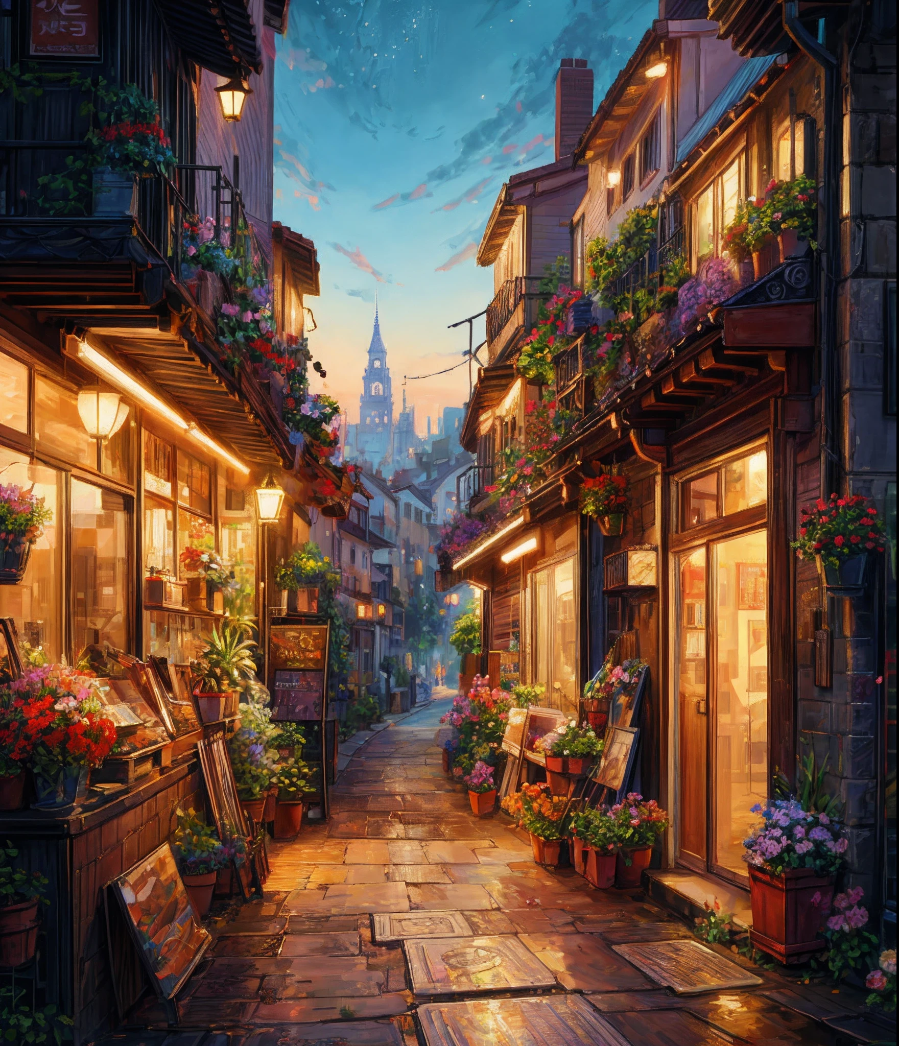 there is a painting of a street with flowers and plants, beautiful digital artwork, beautiful digital painting, beautiful art uhd 4 k, beautiful digital art, 4k highly detailed digital art, highly detailed digital painting, beautiful cityscape, 8k high quality detailed art, stylized digital art, very beautiful digital art, detailed painting 4 k, digital painting style, beautiful digital illustration