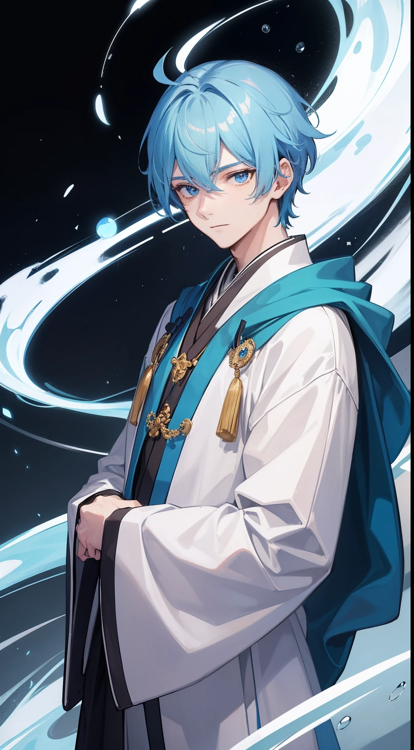(1boy), At least in his 20s, There is a handsome face, Look to the side,Positive side face,half face,Look away,Directly sideways,Taoist robes,Taoist costumes,Light blue eyes, lightblue hair, Unique hairstyle, A man who looks gentle,Halo,城市, High quality, Best quality, HD, 16k, hyper HD, (Masterpiece)