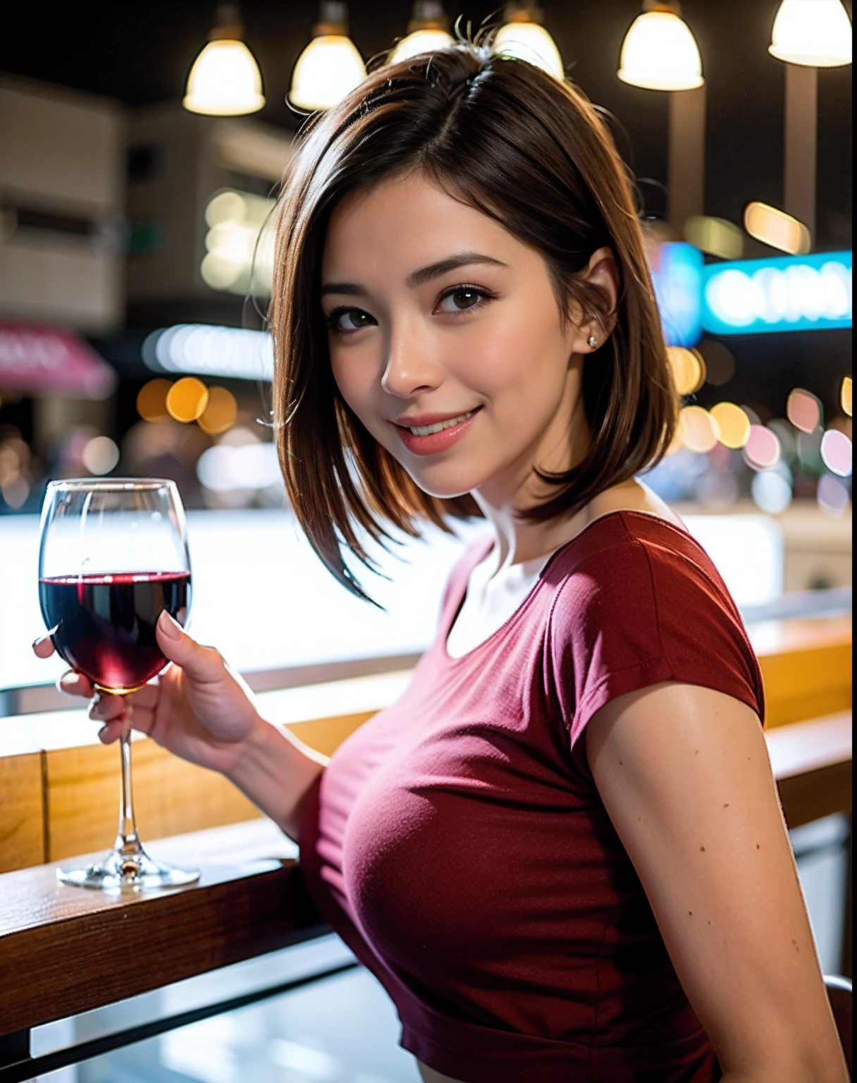 (64K, UHD, top quality, masterpiece: 1.2), (realistic, photorealistic: 1.37), super detailed, pretty woman 1 person, (slim face), (slim body), (brown hair), (short cut), cheeks slightly blushing, (44 years old), 38 years old, solo, beautiful detailed urban night view outside the window, restaurant, wine glasses sit, at night, in a prominent placeNovaFrogStyle, Actress, Model, Waist Up, White Wine, Slim, Wine Glass, Super Clean Night View, Wine Glass Put in the Middle, Happy Smile, (Smile: 1.15), Beautiful Fine Eyes, Upper Body, Bust Japan Up, Night, Short, Short, Actress, Model, Waist Up, White Wine, Slim, Wine Glass, Super Clean Night View, Wine Glass Put in the Middle, Happy Smile,