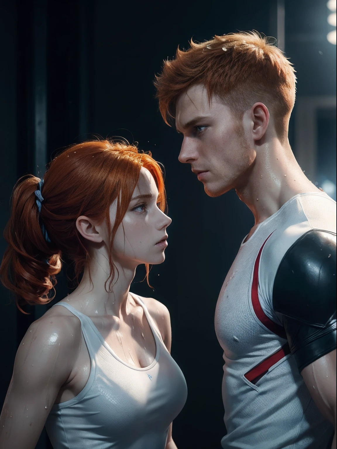 (Image of a ginger-haired British male and female Assassin siblings:1.2), (short spiky male sibling's hair:0.9), (short female sibling's hair:0.9), (pale skin), (detailed sweaty appearance:1.4), (serious face), (both of them wearing white and blue Assassin outfit:1.2), view from front, dynamic pose, (chiaroscuro lighting:0.8), photo realism, intricate face detail, intricate hand details, highly detailed, vibrant colors, cinematic, high definition, trending on Artstation--style raw