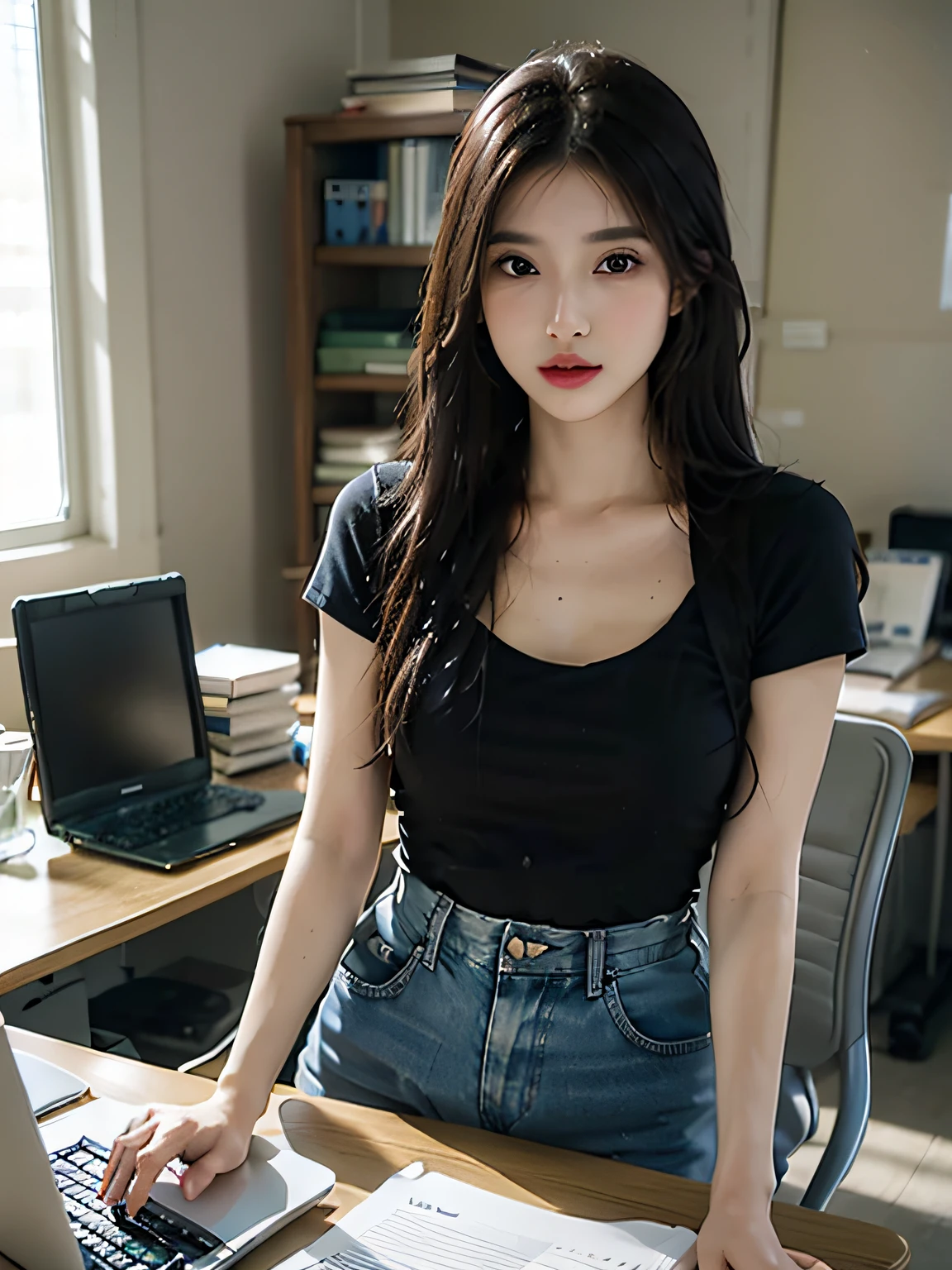 Photorealistic, high resolucion, 1 Girl, White long hair, Black eyes, tee shirt, overalls, office, a desk, computers