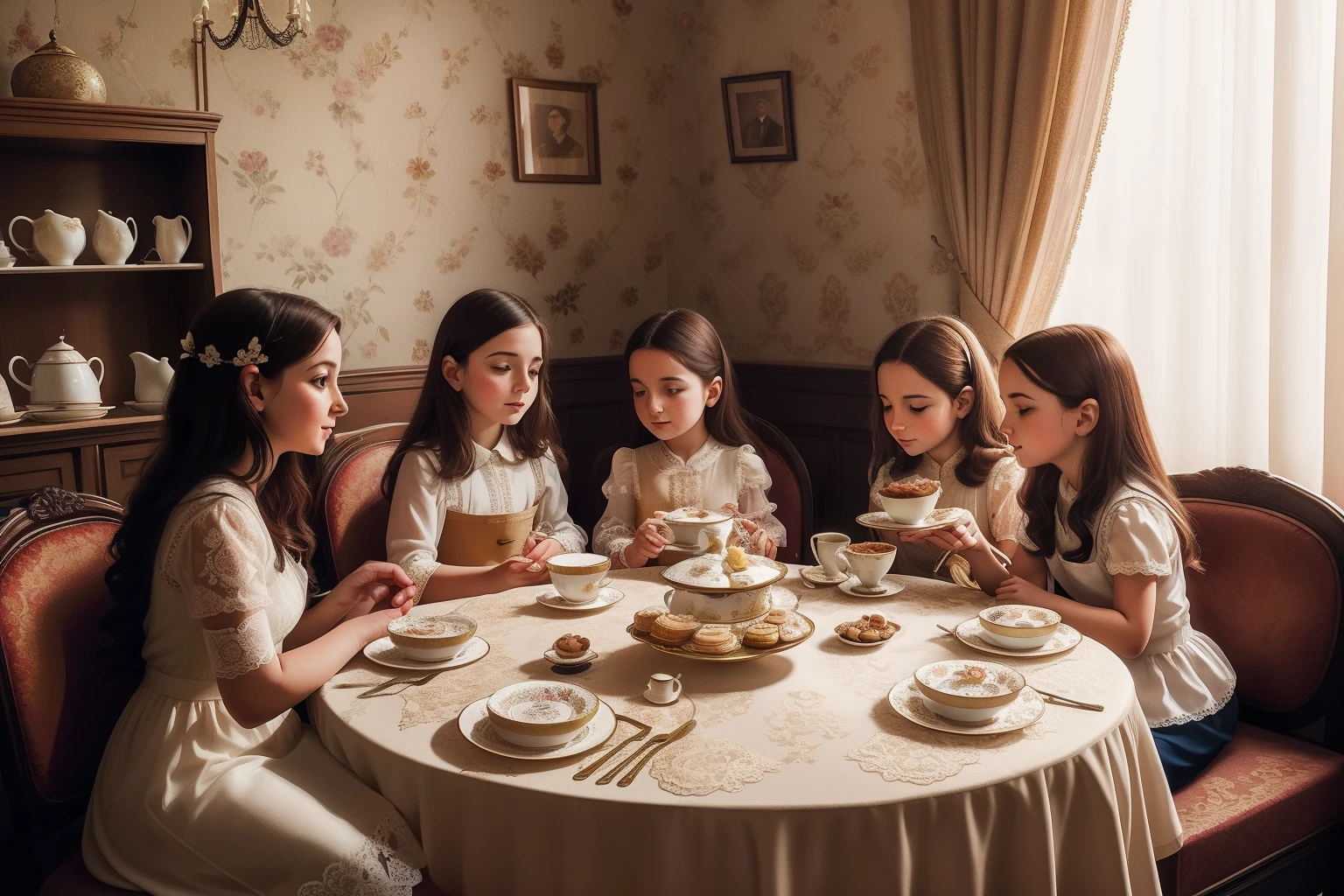 Year: 2019
Country: North Macedonia
Description: Inside a cozy tearoom in Skopje, a group of tweens sit around a table adorned with delicate pastries and tea sets. The room is adorned with ornate wallpaper and antique decorations, and the soft afternoon light filters through lace curtains, creating an atmosphere of refined elegance.