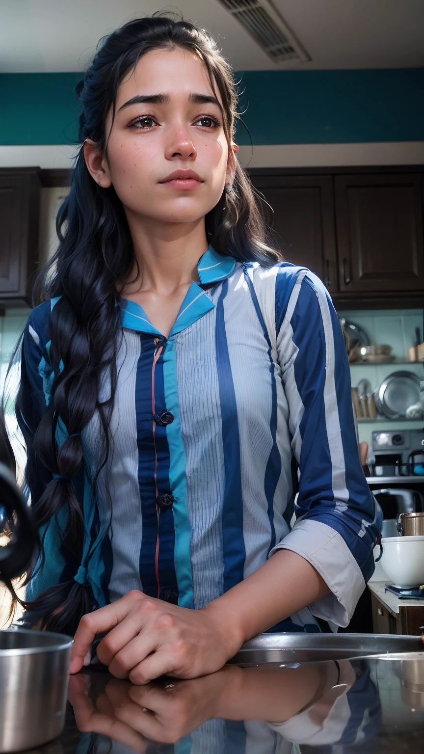 arafed girl with long hair standing in a kitchen with a blue counter, wearing stripe shirt, wearing in shirt, wearing a silk kurta, with long hair, with lovely look, profile pic, candid picture, blue colored traditional wear, profile shot, stripes, taken with a canon dslr camera, dressed with long fluent clothes, candid photo, wearing a kurta