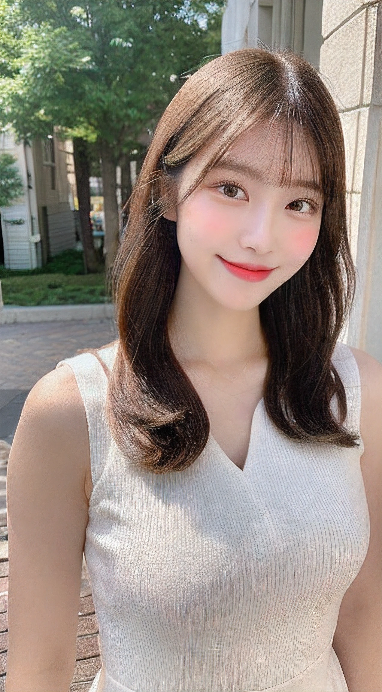 table top, highest quality, figure, super detailed, finely, High resolution, 8k wallpaper, 完璧なダイナミックな構figure, beautiful and fine eyes, long sleeve,medium hair, natural color lip, bold pose、20 year old girl、cute,face only,Create a sexy look、(white concrete wall background)、smile、straight hair、standing in front、Mainly hairstyle