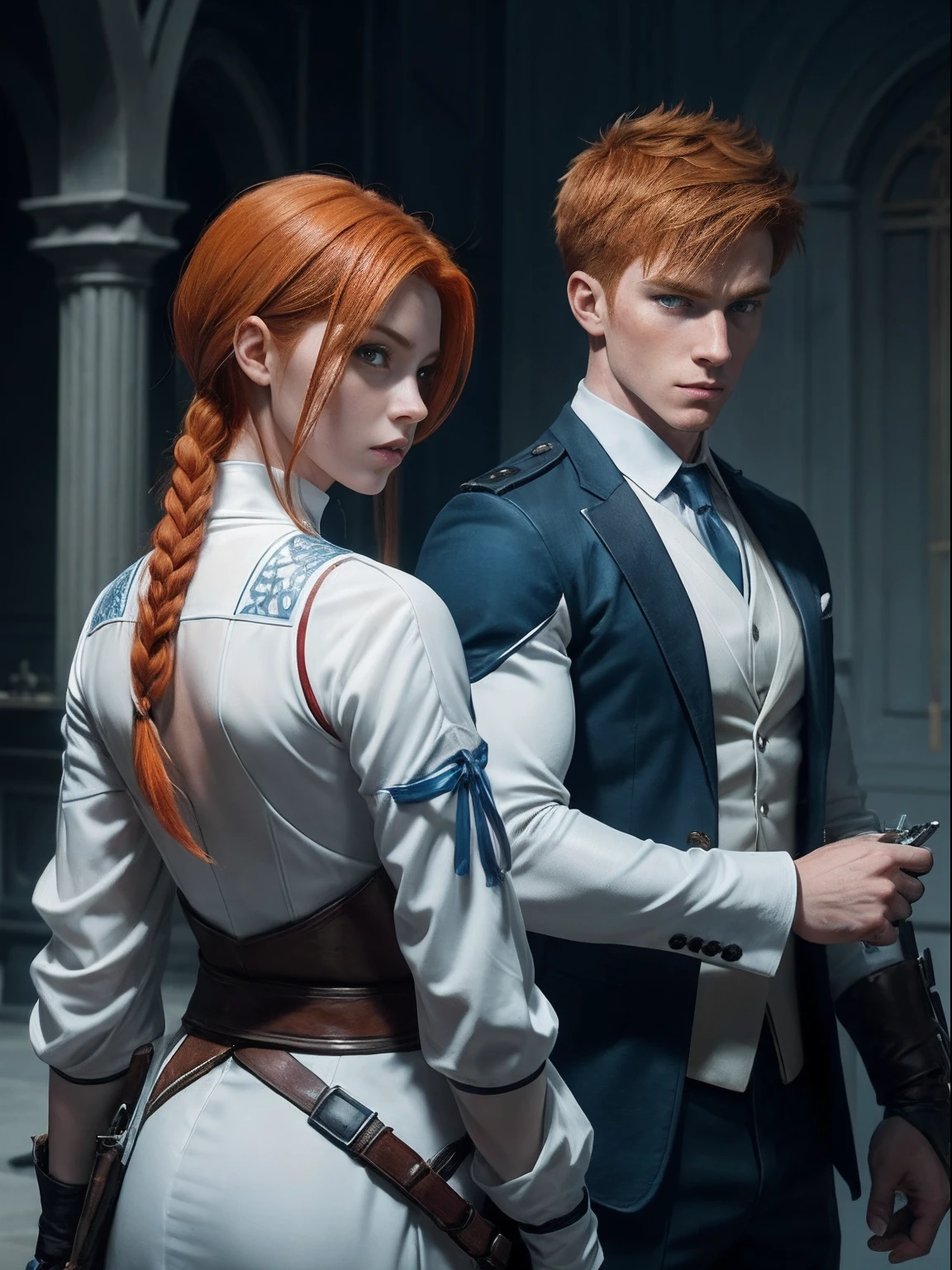 (Image of a ginger-haired British male and female Assassin siblings:1.2), (short spiky male sibling's hair:0.9), (short female sibling's hair:0.9), (pale skin), (serious face), (both of them wearing white and blue Assassin outfit:1.2), view from front, dynamic pose, (chiaroscuro lighting:0.8), photo realism, intricate face detail, intricate hand details, highly detailed, vibrant colors, cinematic, high definition, trending on Artstation--style raw