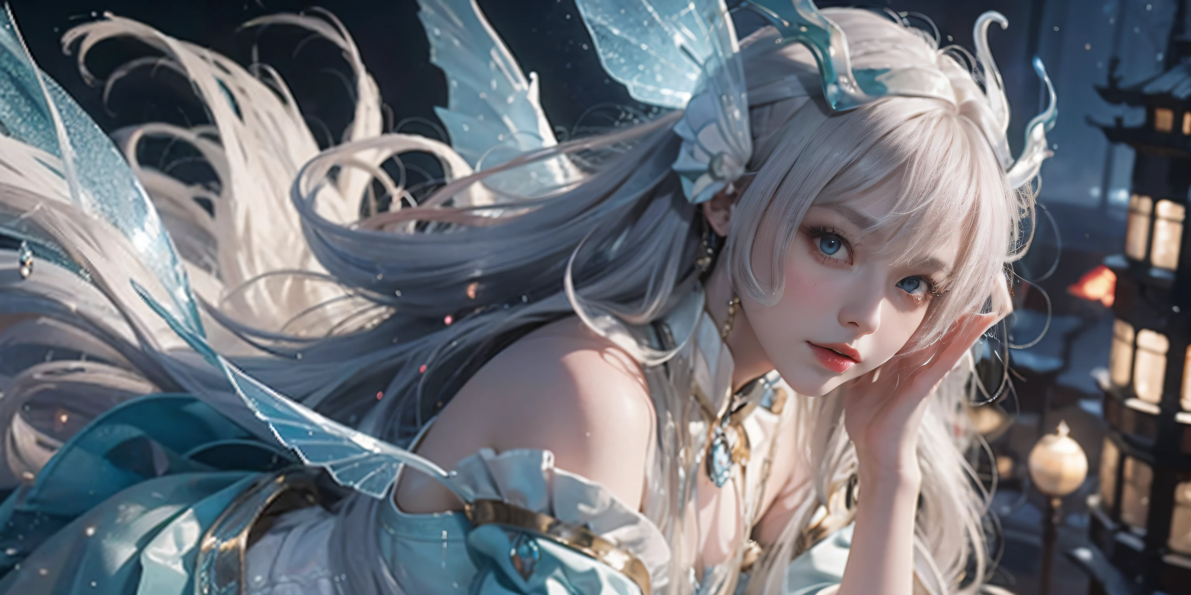 Close-up of a woman in costume, full body fairy, beautiful celestial mage, stunning young ethereal character, beautiful fantasy queen, astral witch costume, Shaxi, flowing magic robe, white Hanfu, fairy fantasy, beauty Delfin, ethereal fantasy, elegant and charming cosplay, Hirase Jinyao, half lying on the ground, charming and colorful, very tumultuous, a sports car behind, night punk style metropolis! Lots of neon