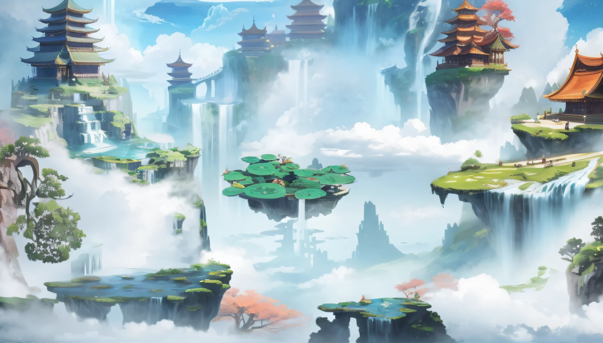 Draw fantasy landscapes with waterfalls and pagodas, floating lands in-clouds, arte de fundo, avatar landscape, background artwork, Onmyoji detailed art, floating city on clouds, Anime landscape, ross tran. scenery background, Floating mountains, anime landscape wallpapers, Flying Island in the Sky, G Liulian art style, concept-art. epic landscapes,Meticulous portrayal
