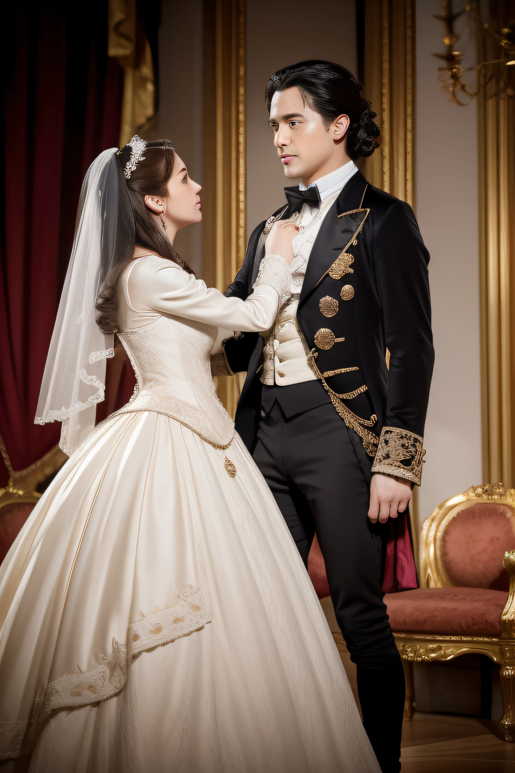 Drama《Figaro's wedding》staged, {On stage (1 actress who grew up in all her life as the Countess of Almaviva), (1 actor who has grown up in all aspects of Figaro), (1 actor who grew up in all his life as Count of Almaviva)}, (((whole-length::))), High :: detail ::, in the style of Romanticism, Rococo :: Style, baroque :: Style