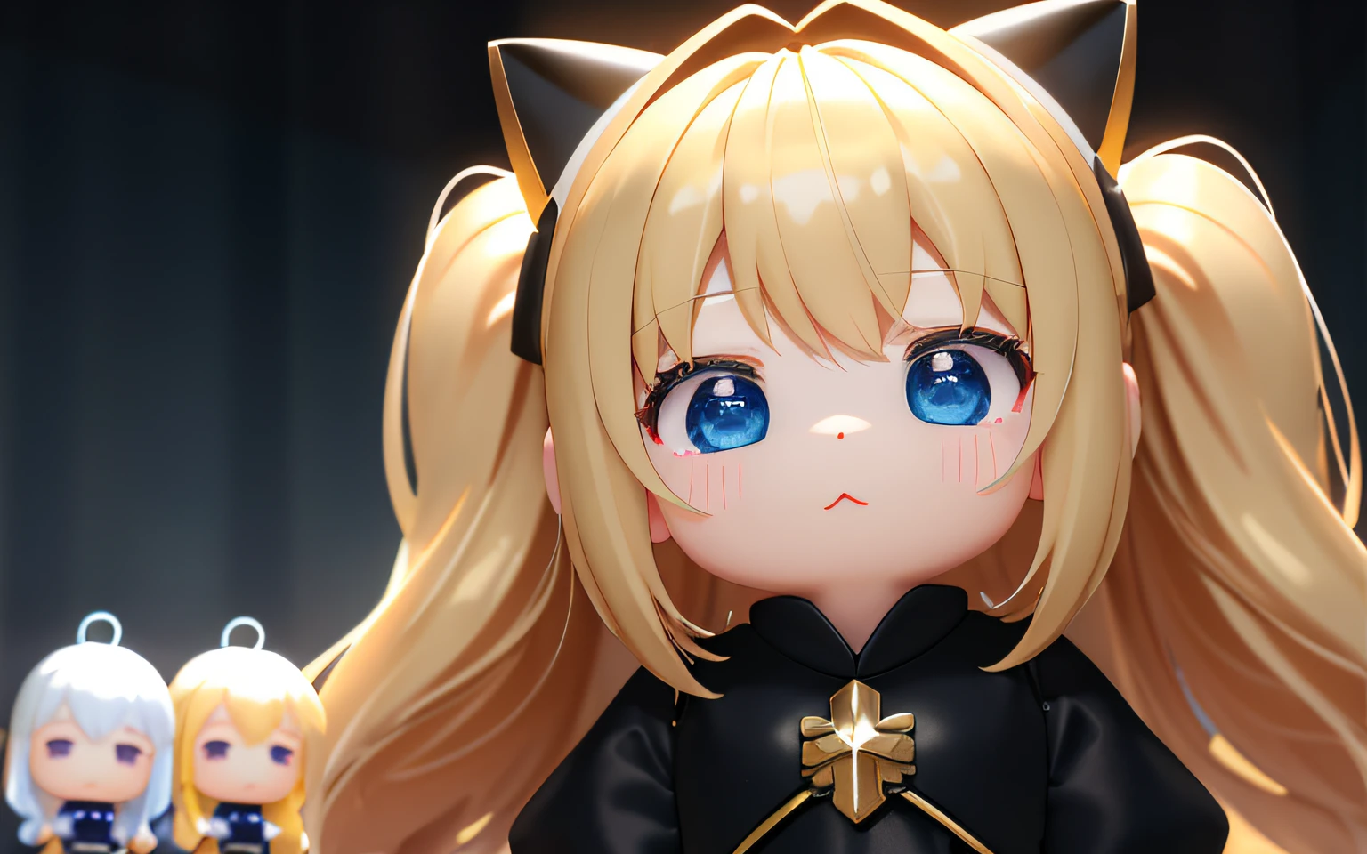 Holding your head and worrying,Pop Mart Blind Box IP、Close up of four cute knight dolls、Young One Angel Style、Wear longer, Dress fluently、Lop style、Poseline doll、Little people々々々々々々々々々。Little people々々々々々々々々々、unreal enginee 5、Light 3D/C4D production: 8K HD quality/illuminating/Ultra-fine lens description 1.5、flawless、Chibi Background/Cinematic。