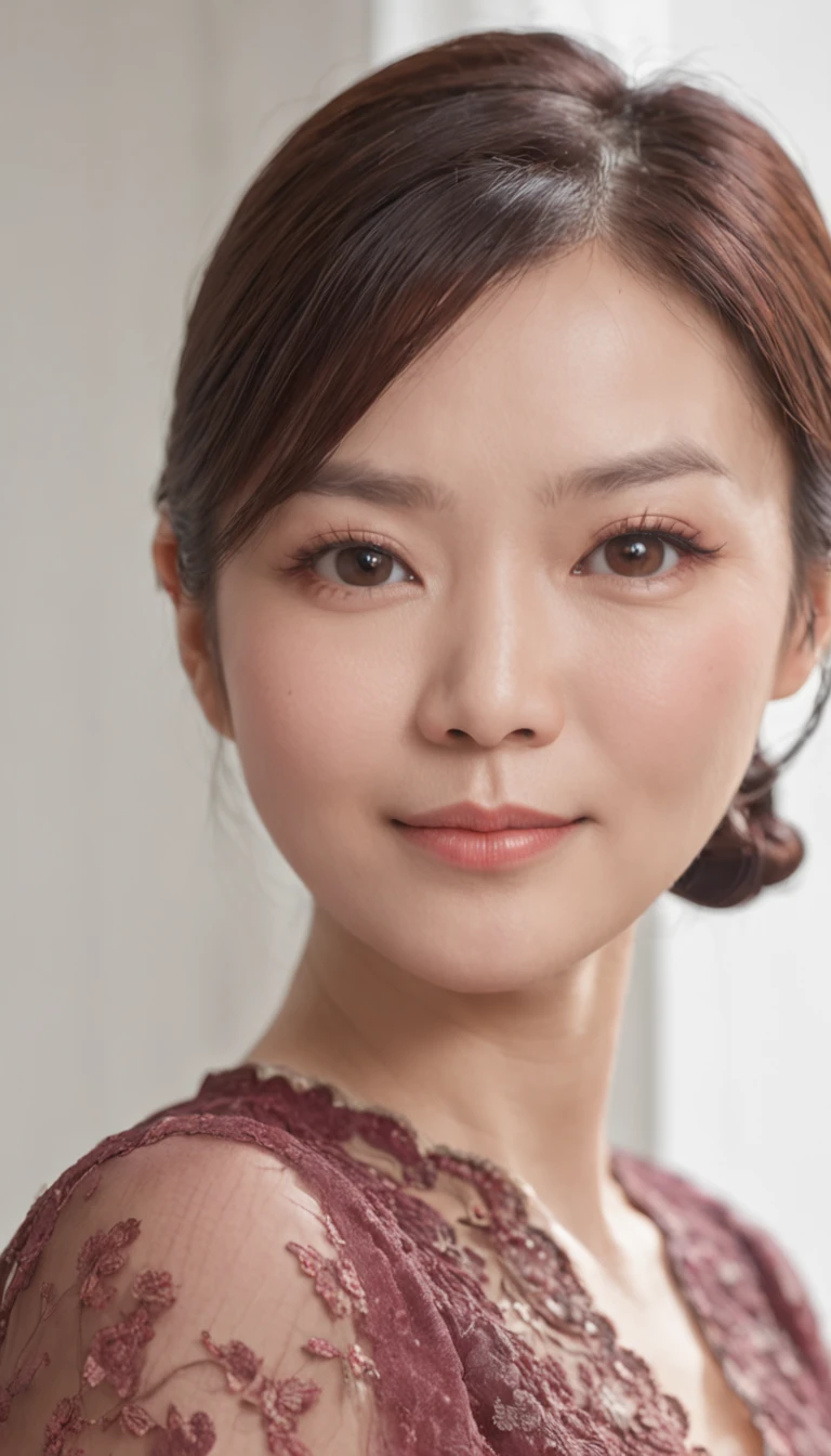 A Chinese intellectual and beautiful middle-aged woman, around 40 years old, slightly plump, with a Wangfu shape, tall, round and plump, a happy smile