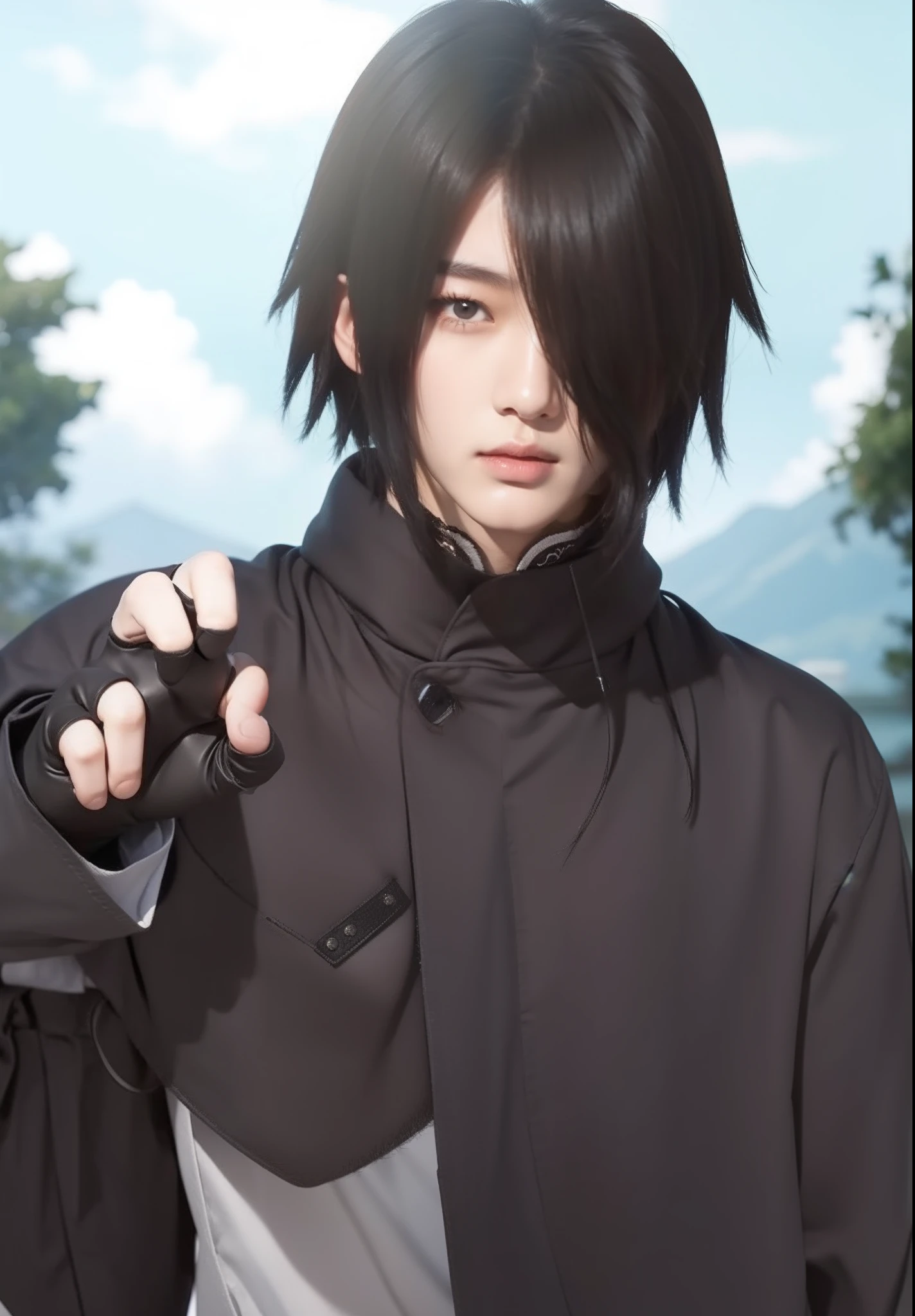 Real life adaption of this character, detailed realistic hair ,detailed realistic outfit, hand wear gloves,((Korean teen handsome face)),realistic,realism,(photorealistic:1.2)