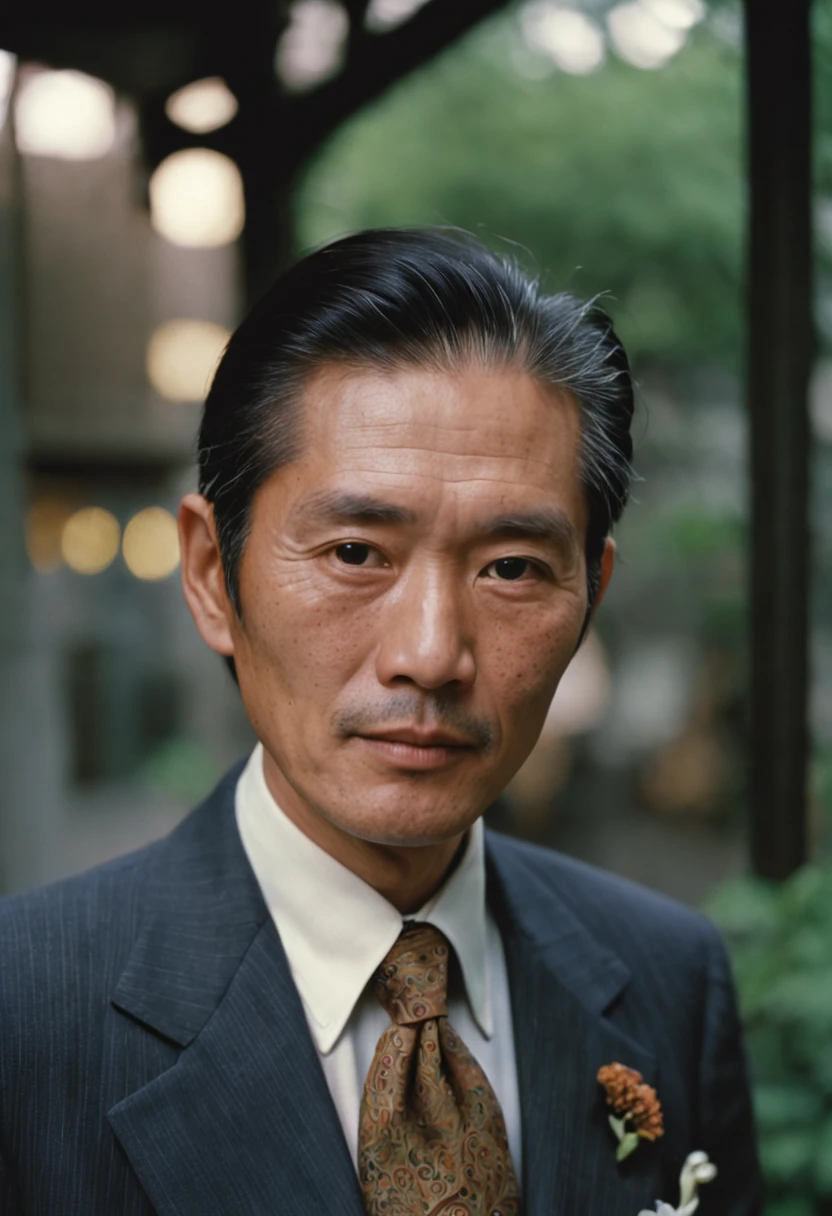 color film photograph, asian man, 1980s Tokyo, suit,