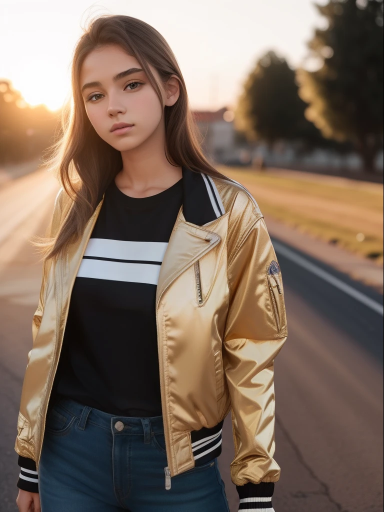 18 year old girl Jacket Tshirt minimal style golden hour 8k UHD