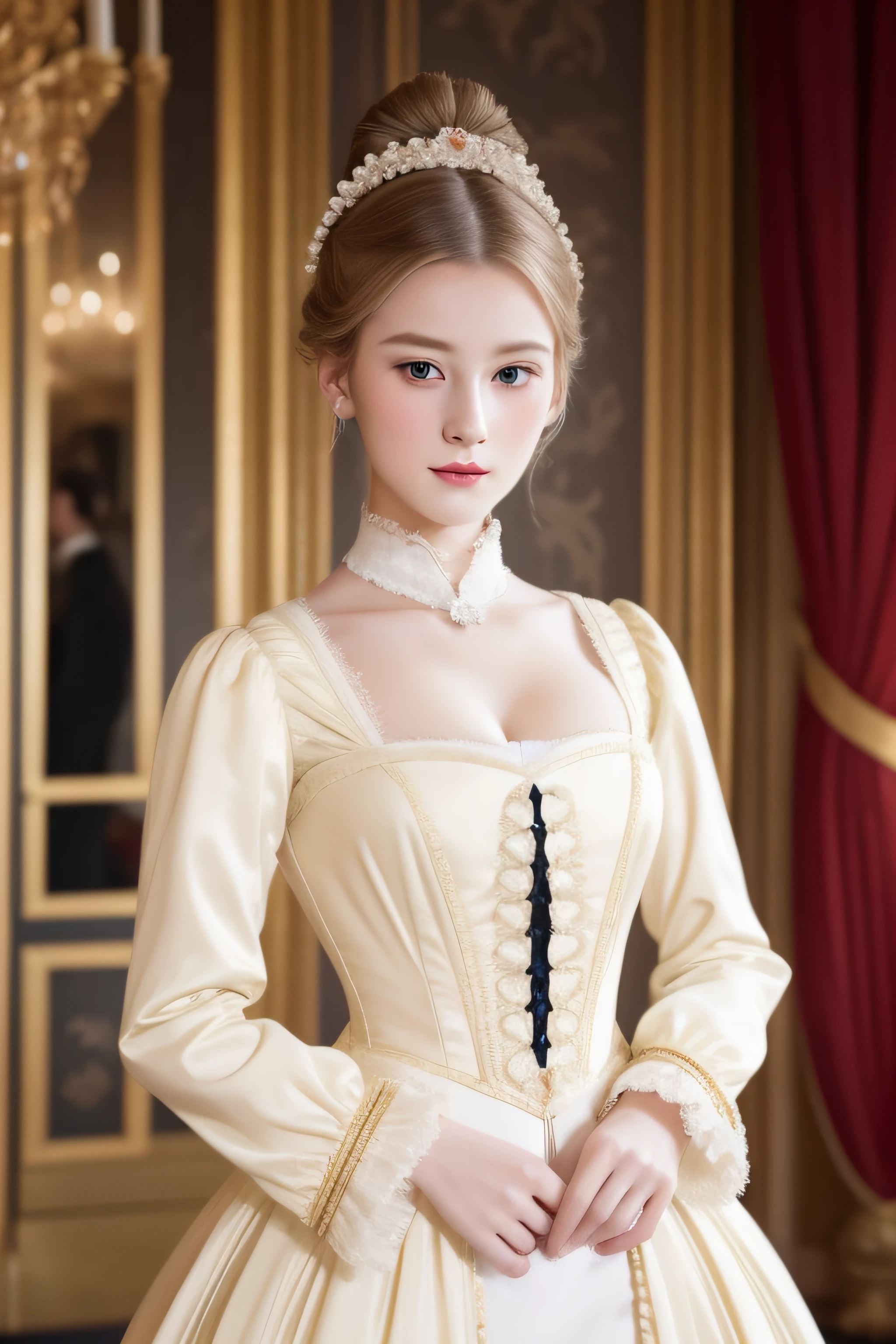 Mid-shot beauty, French, 24 years old, (Pale:1.3) skin, Empress, Blonde straight hair in bun hairstyle, Large eyelashes, Self-confident, Serious, haughty, no-makeup, Beautiful body, Intricate Victorian costumes, In the palace, victorian age