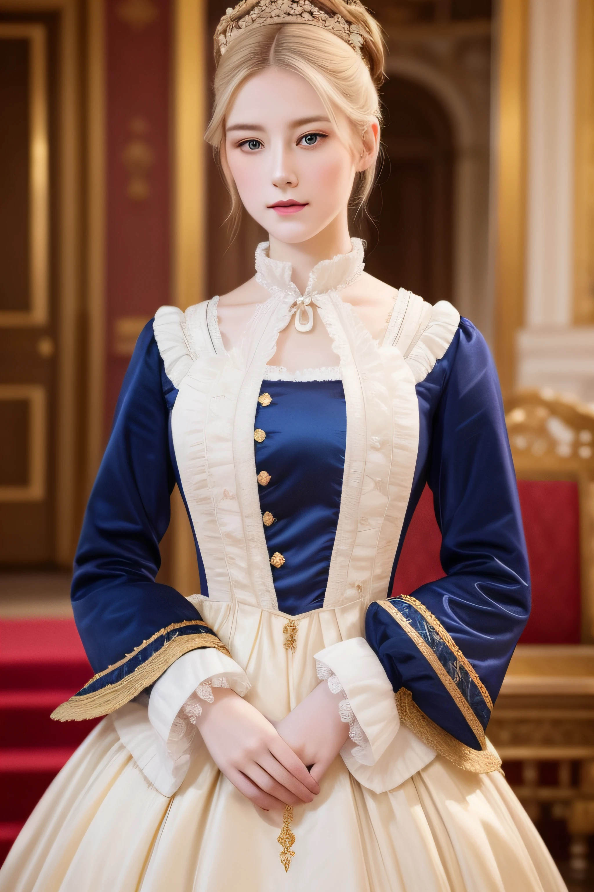 Mid-shot beauty, French, 24 years old, (Pale:1.3) skin, Empress, Blonde straight hair in bun hairstyle, Large eyelashes, Self-confident, Serious, haughty, no-makeup, Beautiful body, Intricate Victorian costumes, In the palace, victorian age