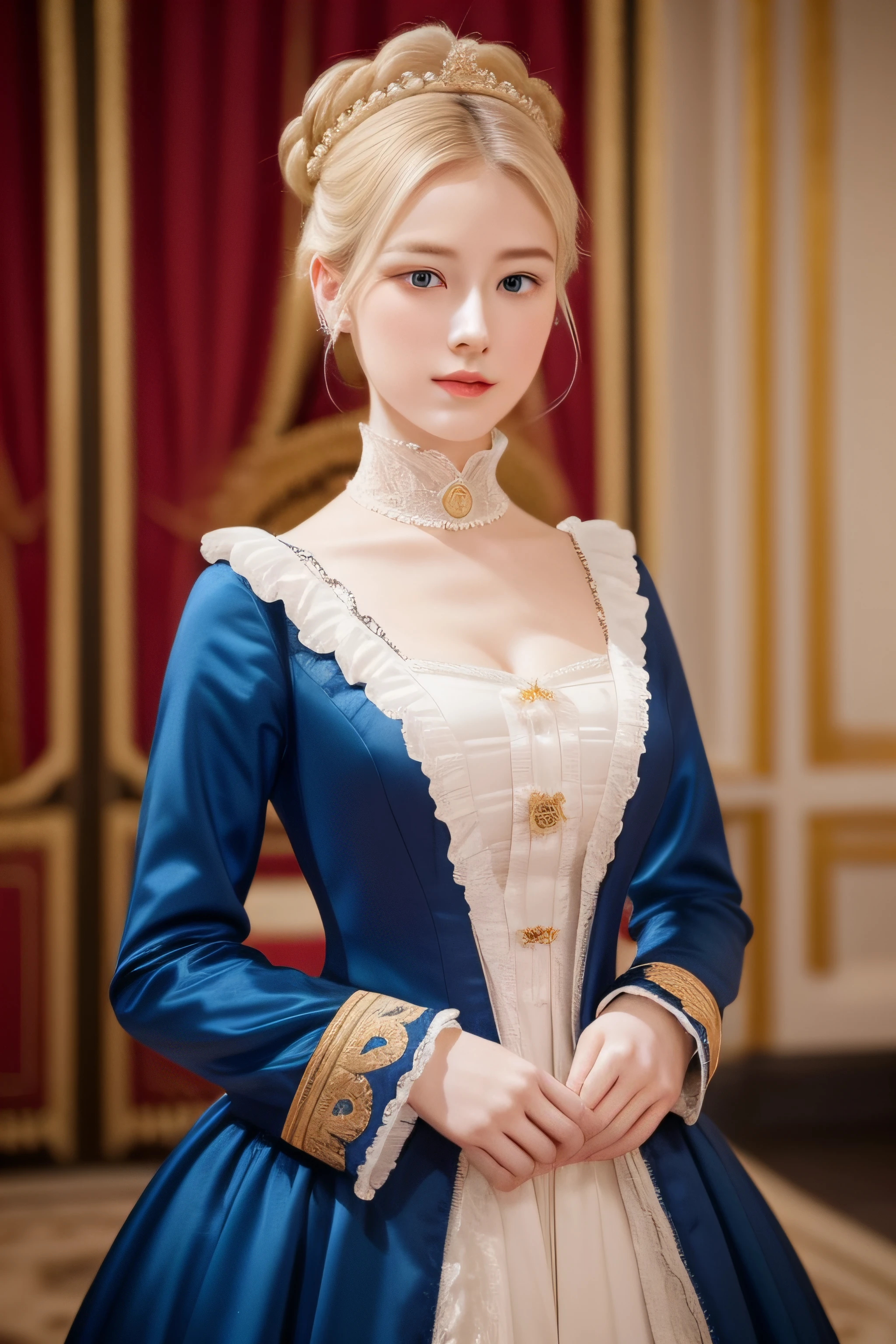 Mid-shot beauty, French, 24 years old, (Pale:1.3) skin, Empress, Blonde straight hair in bun hairstyle, Large eyelashes, Self-confident, Serious, haughty, no-makeup, Beautiful body, Intricate Victorian costumes, In the palace, victorian age