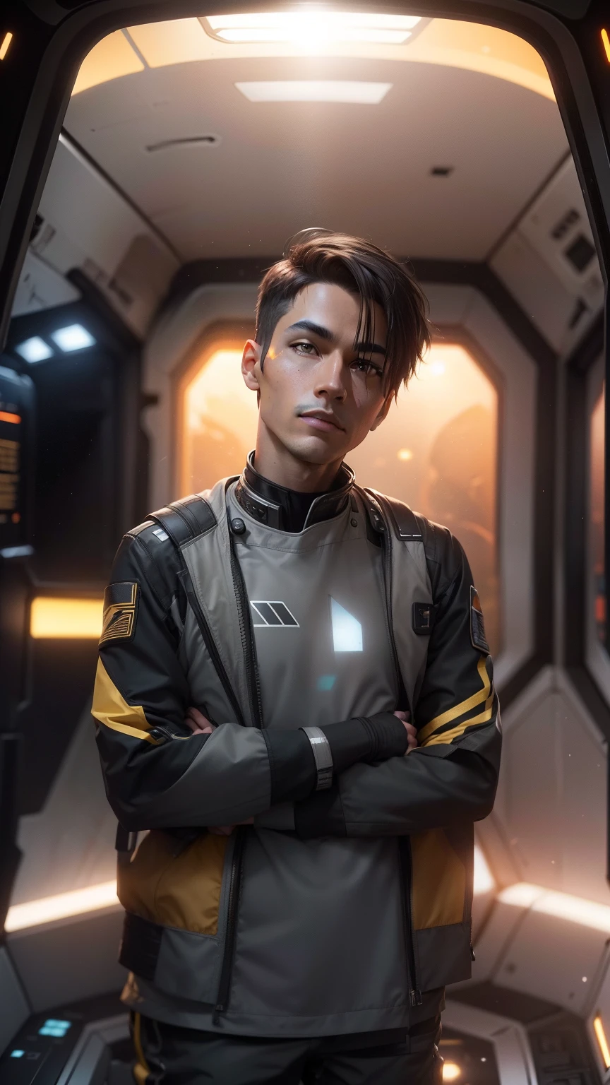 A male with short black hair that is cut very neatly, almost like a military cut. Wearing an astronaut suit. His expression is stern and serious, with piercing green eyes that are always alert. A faint smile full of confidence often appears.