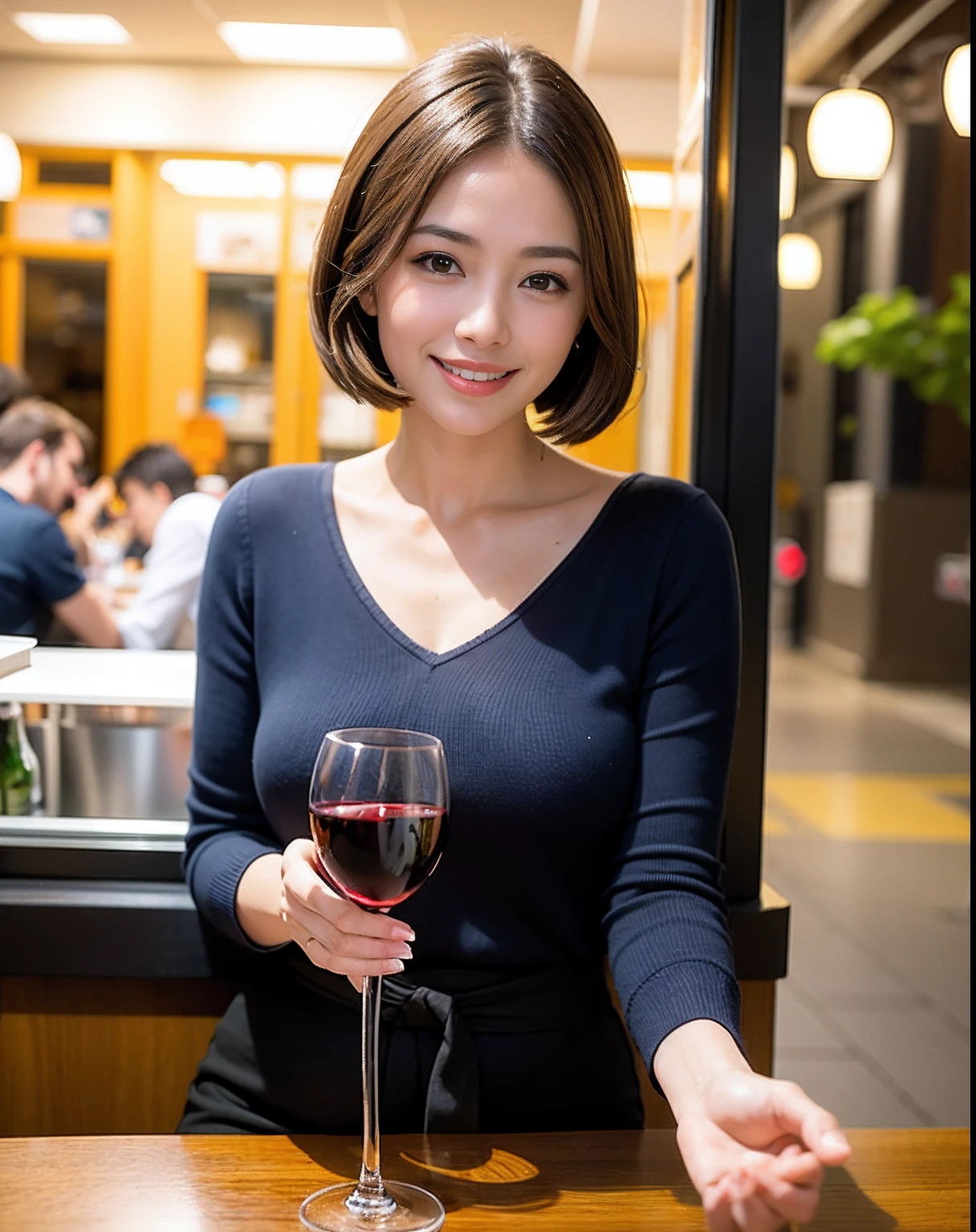 (64K, UHD, top quality, masterpiece: 1.2), (realistic, photorealistic: 1.37), super detailed, pretty woman 1 person, (slim face), (slim body), (brown hair), (short cut), cheeks slightly blushing, (44 years old), 38 years old, solo, beautiful detailed urban night view outside the window, restaurant, wine glasses sit, at night, in a prominent placeNovaFrogStyle, Actress, Model, Waist Up, White Wine, Slim, Wine Glass, Super Clean Night View, Wine Glass Put in the Middle, Happy Smile, (Smile: 1.15), Beautiful Fine Eyes, Upper Body, Bust Japan Up, Night, Short, Short, Actress, Model, Waist Up, White Wine, Slim, Wine Glass, Super Clean Night View, Wine Glass Put in the Middle, Happy Smile,