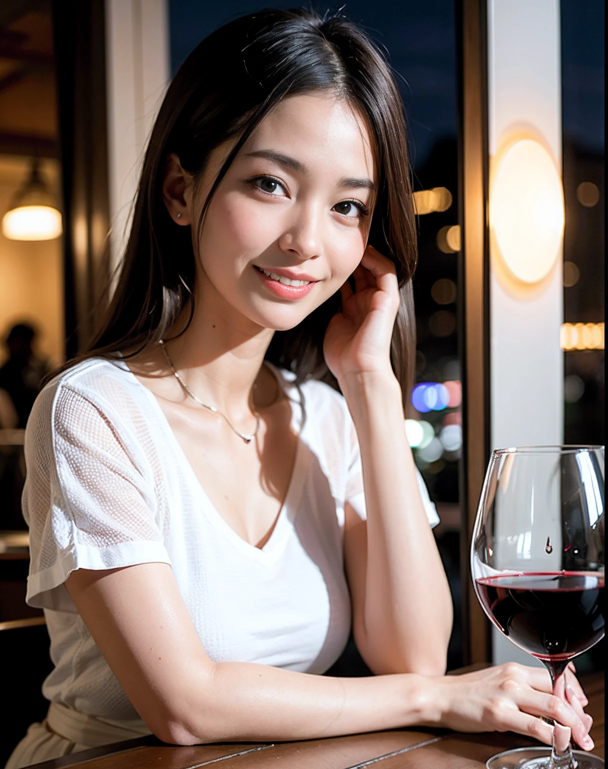 ((Highest quality、8K、masterpiece:1.3))、slimカップル、modelカップル、(Realistic, Intricate details:1.2), full-course dinner、Wine Party、Amazing view of the sunset sky and clouds、A bright smile、The wonderfulness of smile、Bright image、The beauty of wine, Beautiful Face, blue eyes, The light shines on your face, Blushing, short hair,Bright Face、 (Age 37), Age 34, red wine 、Appetizers、Italian food、Wine bottle、Champagne、sparkling wine、Two beauties、Brown Hair、Shortcuts、Long sleeve shirt、dress、Beautiful woman 1, (slimな顔), (The body is slim), (Brown Hair), (Shortcuts), cheeks turn a little red,Attractive beauty、restaurant, In a prominent place (From the waist up) Nova Frog Style, actress, model, Upper Body, White wine, slim, wine glass, 中央に置かれたwine glass, smile, (smile: 1.15), Beautiful fine grain, Depth f/2,saturation, High Contrast, Strong light and shadow,Moist Body:1.5、3D texture、Delicate eyes、Brown Hair、The hair is very shiny、