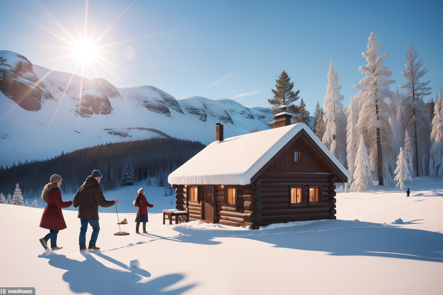 Year: 2018
Country: Norway
Description: On a serene mountain plateau, an adult couple stands by a rustic cabin, surrounded by a landscape blanketed in snow. They're engaged in a whimsical snowball fight, their laughter echoing in the crisp air as they playfully toss snow at each other, all while the pale winter sun bathes everything in a soft, ethereal light.