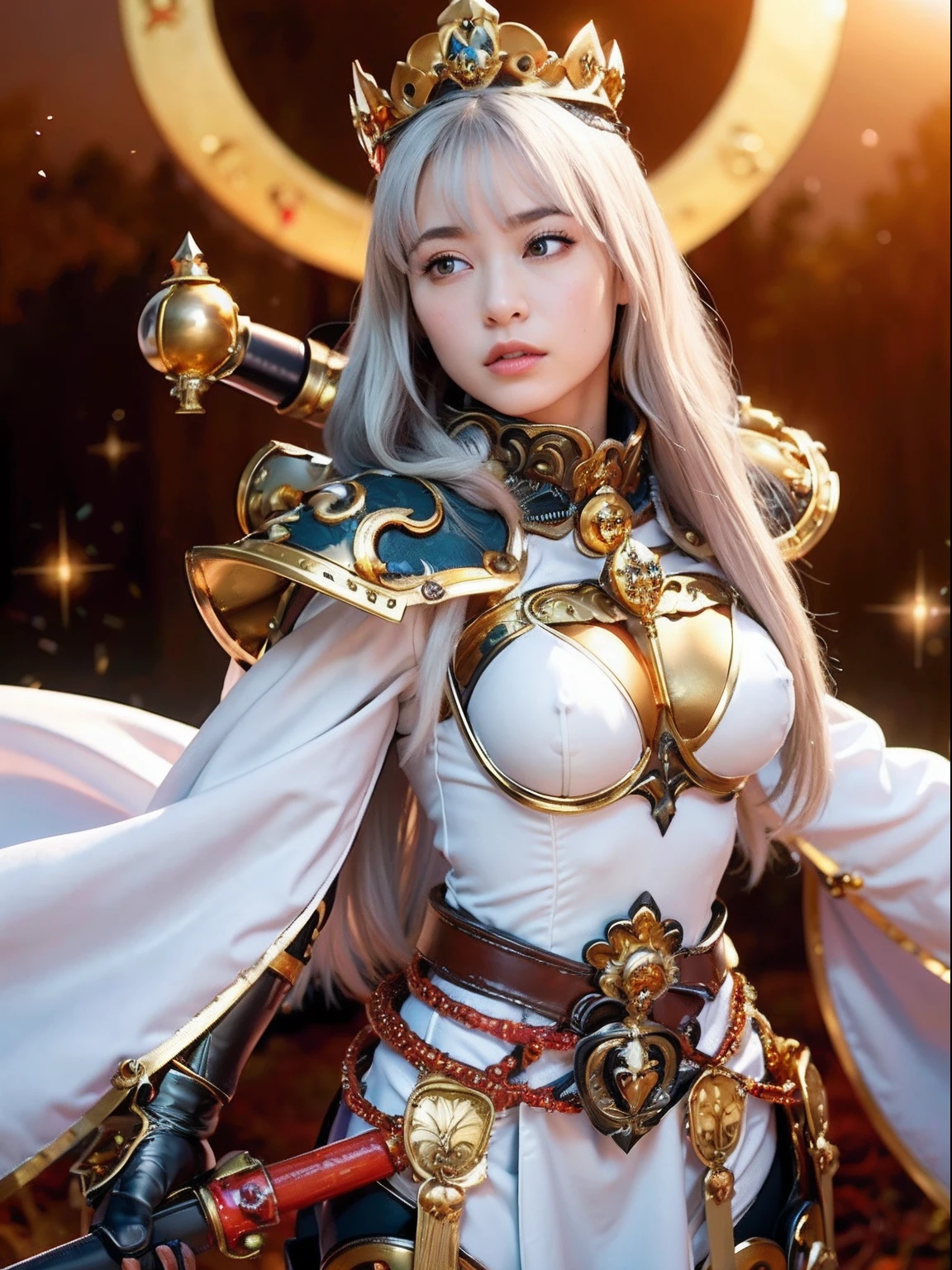 Professional , ​masterpiece、top-quality、photos realistic , depth of fields 、(A dark-haired) 、（Gemstone White Metal Body:1.９),(Matte White、Jewel Gold Weapon（Jewel Metal Body:1.４),Gorgeous metal weapons ,（（ Detailed and gorgeous sword of the brave）） ,Light Effects、intense fighting、Wind-effect、magic circles、 (A dark-haired)  ,warhammer 40k ,Detail and ornate jewel crown、（（Micro Bikini Armor））、（（Gangle's forest background））、Beautiful Caucasian beauty、１a person、dynamic ungle,(((Detailed and ornate diamond crown)))、Smaller head、A smile、Background inside the castle、Thin and beautiful female hands、cleavage of the breast、Soldier in iron armor on background、Mystical expression、Light Effects、intense fighting、Wind-effect、magic circles、With the legendary magic wand、（wings of light）、Toostock、Anatomically correct body、