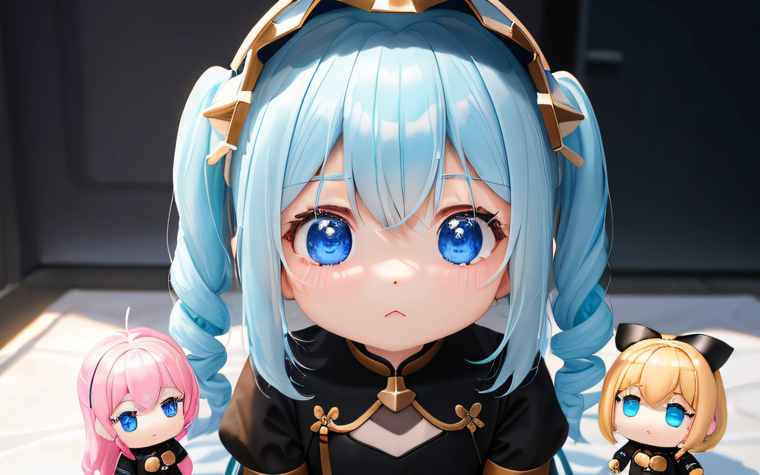 Hold your head and worry,Disappointing,Pop Mart Blind Box IP、Close up of four cute knight dolls、Young One Angel Style、Wear longer, Dress fluently、Lop style、Poseline doll、Little people々々々々々々々々々々。Little people々々々々々々々々々々、unreal enginee 5、Light 3D/C4D production: 8K HD quality/illuminating/Ultra-fine lens description 1.5、flawless、Chibi Background/Cinematic。
