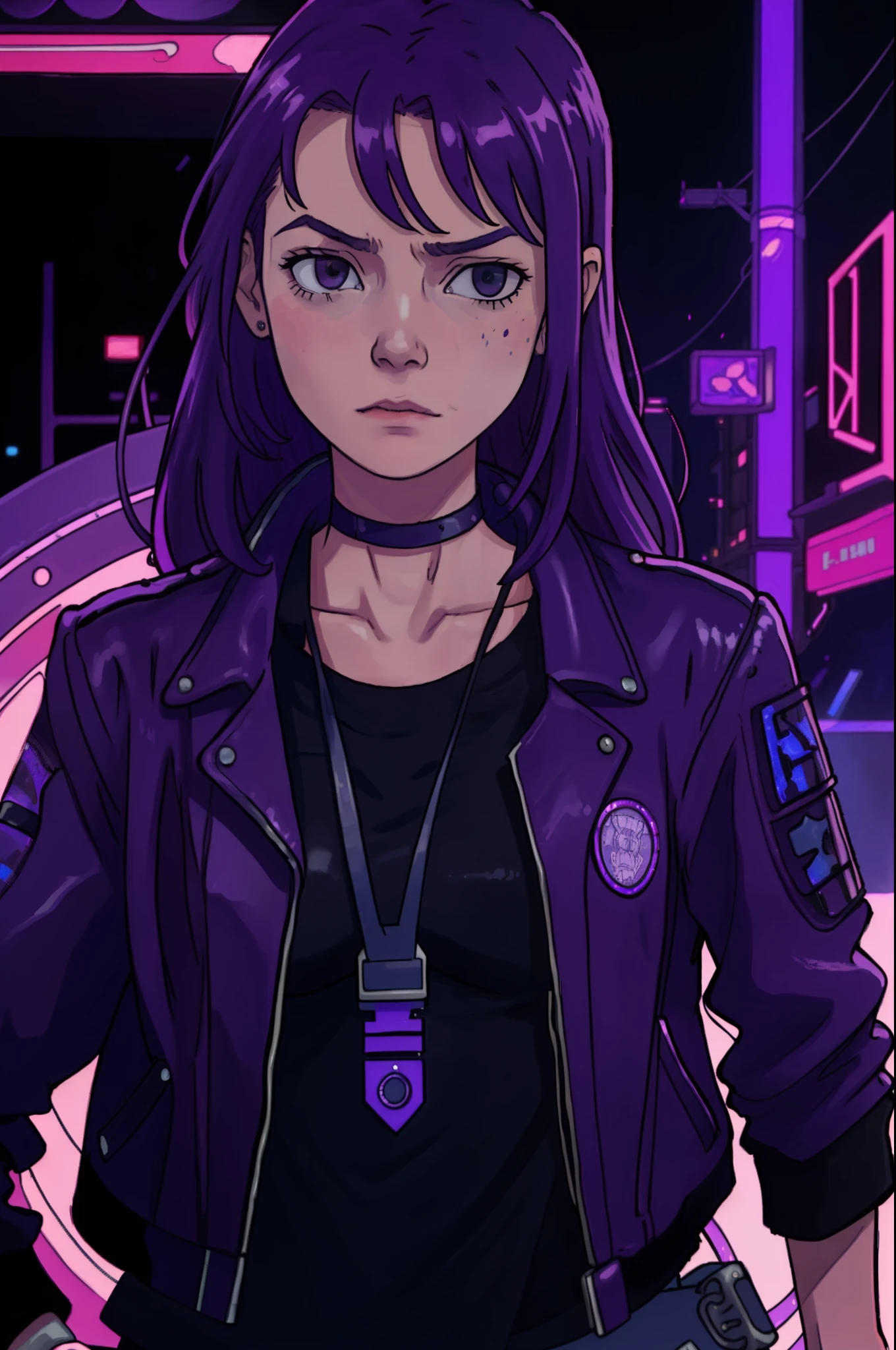 Tzindi Dexter is a girl who looks like Claire Forlani mixed with Claire Danes, full-height long-shot of punk girl in a leather jacket, choker, cyberpunk girl with a leather jacket, purple bangs long hair intricate, highly detailed, cinematic composition, cinematic lighting, hyperdetailed, (moebius art style:1.2)