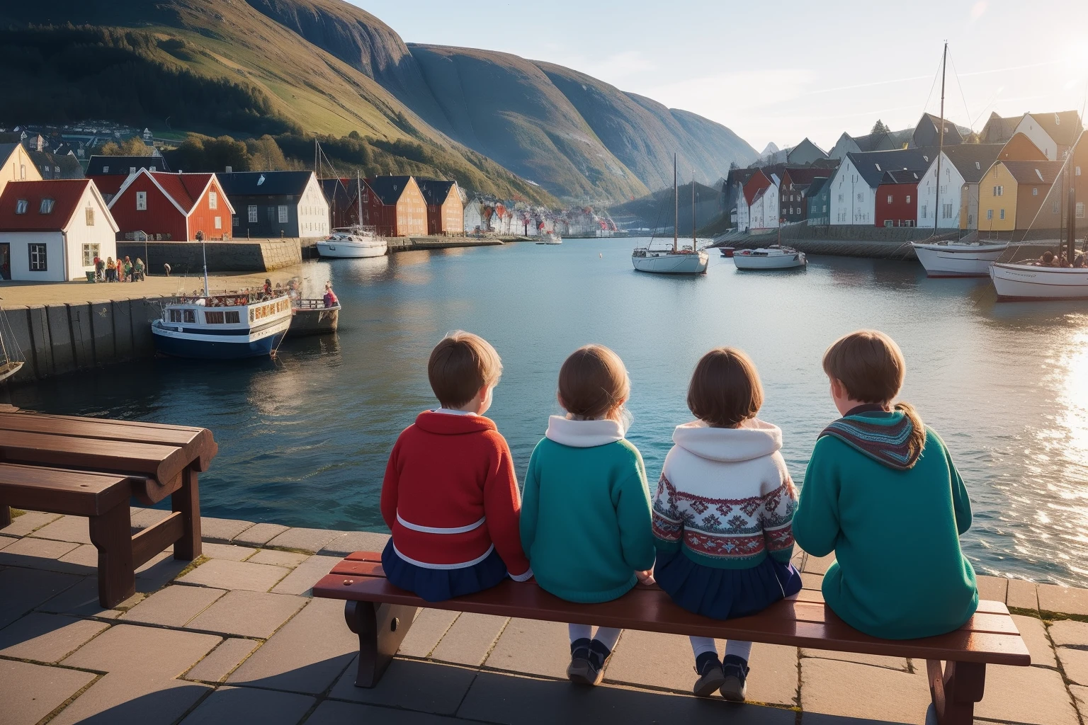Year: 2015
Country: Norway
Description: In the charming coastal town of Bergen, a group of tweens dressed in traditional Norwegian sweaters gather by the old harbor. They sit on brightly colored benches, chatting and sharing snacks while watching the sailboats bob in the calm waters, all under the soft glow of the afternoon sun.
