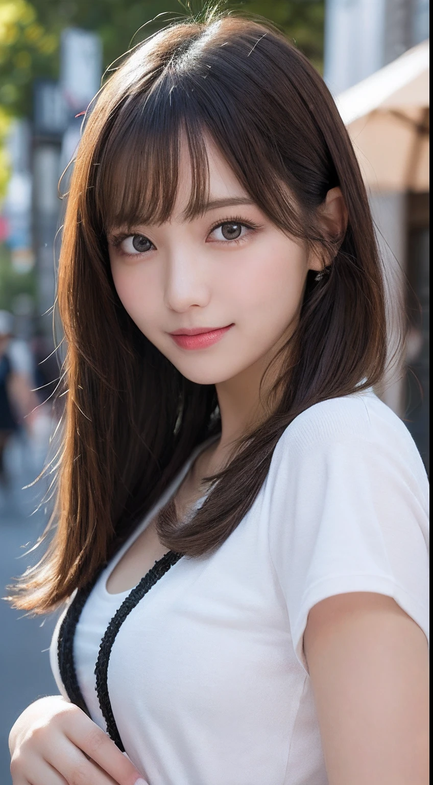 masutepiece, Best Quality, Illustration, Ultra-detailed, finely detail, hight resolution, 8K Wallpaper, Perfect dynamic composition, Beautiful detailed eyes, Women's Fashion Summer,Medium Hair,small tits,Natural Color Lip, Bold sexy poses,Smile,Harajuku、20 years girl、Cute、Sexy shot looking at camera