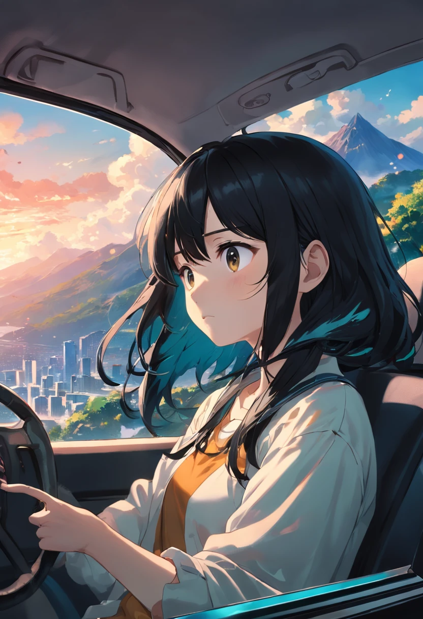 Black hair, 1 boy Driving car, black hair girl in other side using phone with earphones, as we see town in green mountains from car window