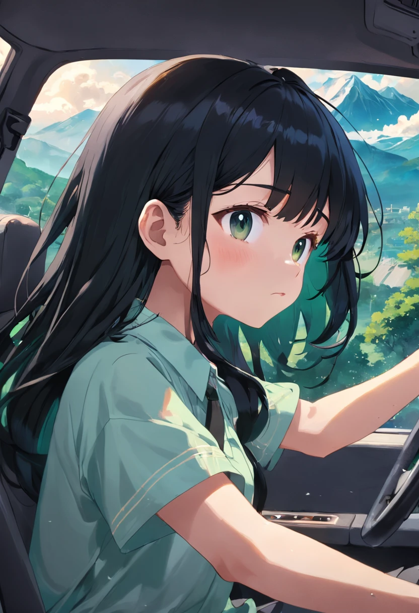 Black hair, 1 boy Driving car, black hair girl in other side using phone with earphones, as we see town in green mountains from car window