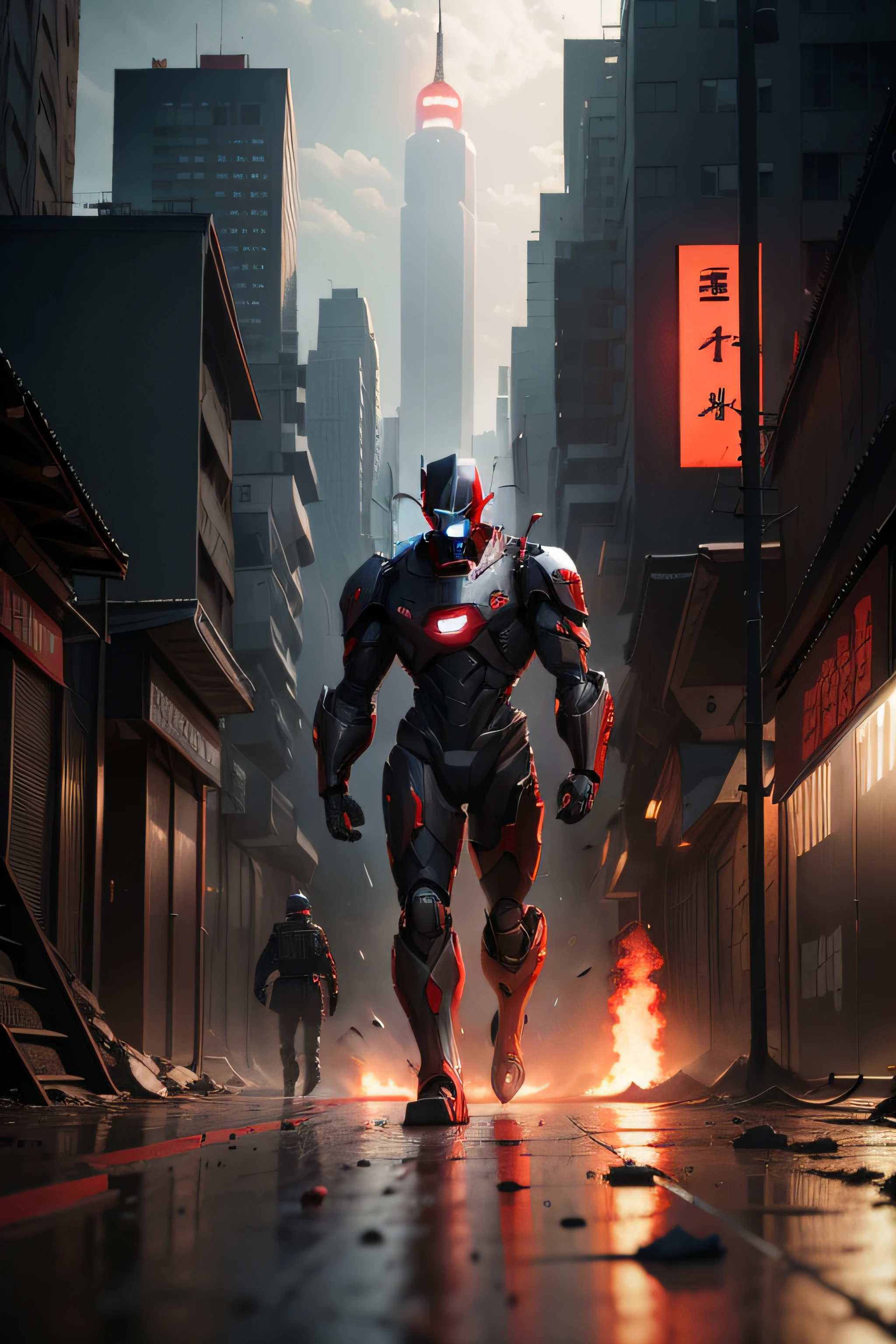 realstic, dark, red, robotic, ground, city, hero of the city, bomb blast bachground, asian people, low loght.