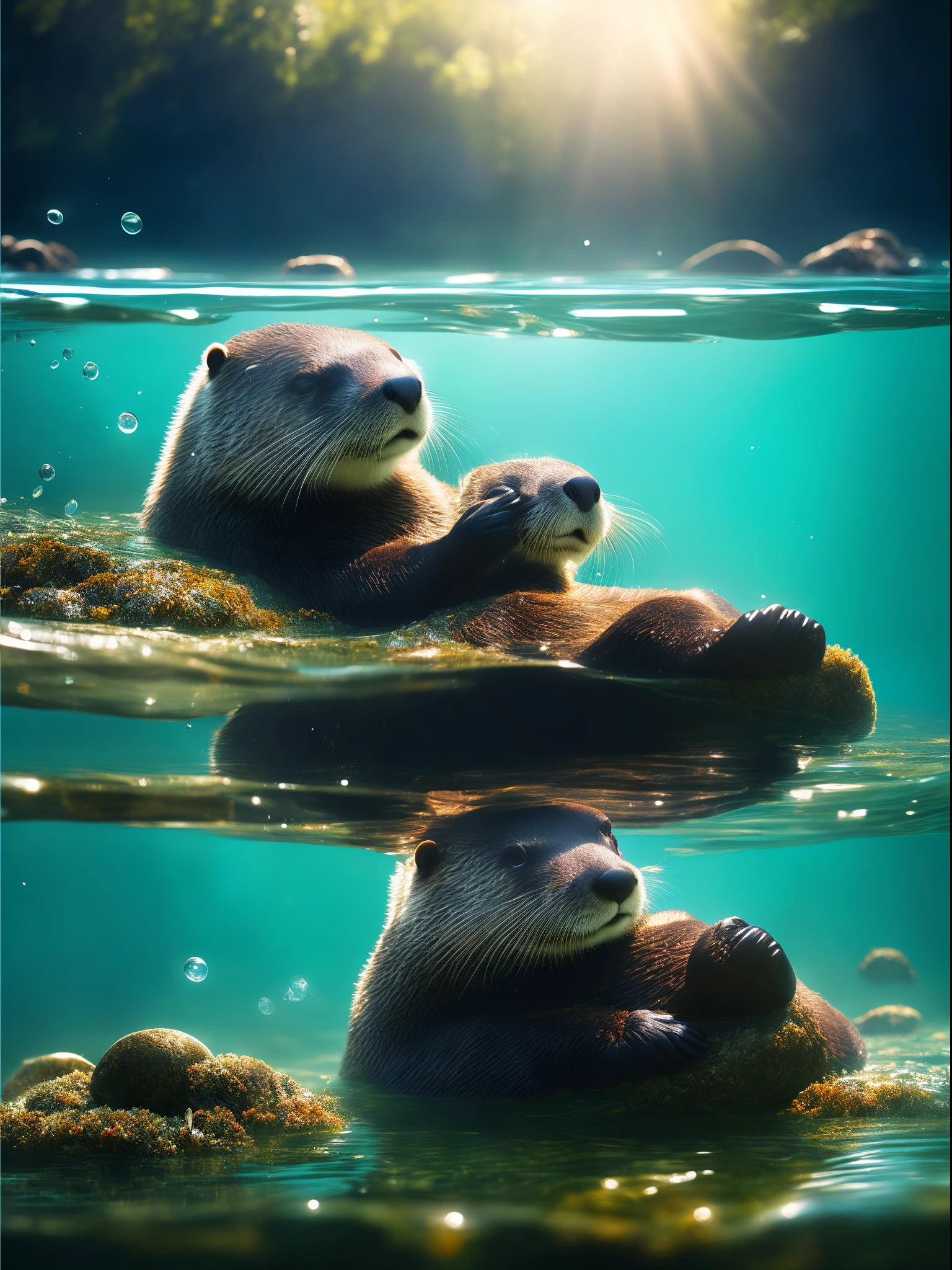 There is a sea otter holding a shell in the water，cute otter, he is very relaxed, Furry otters, unwind, Sleepy,,relaxing, peaceful looking animals, The water is clear and clean，Super realistic， RAW photo, (8K、top-quality、tmasterpiece:1.2)、(intricately details:1.4)、(Photorealsitic:1.4)、Complex 3D Rendering Ultra Detail, vibrant detail, super detailing, Photorealsitic