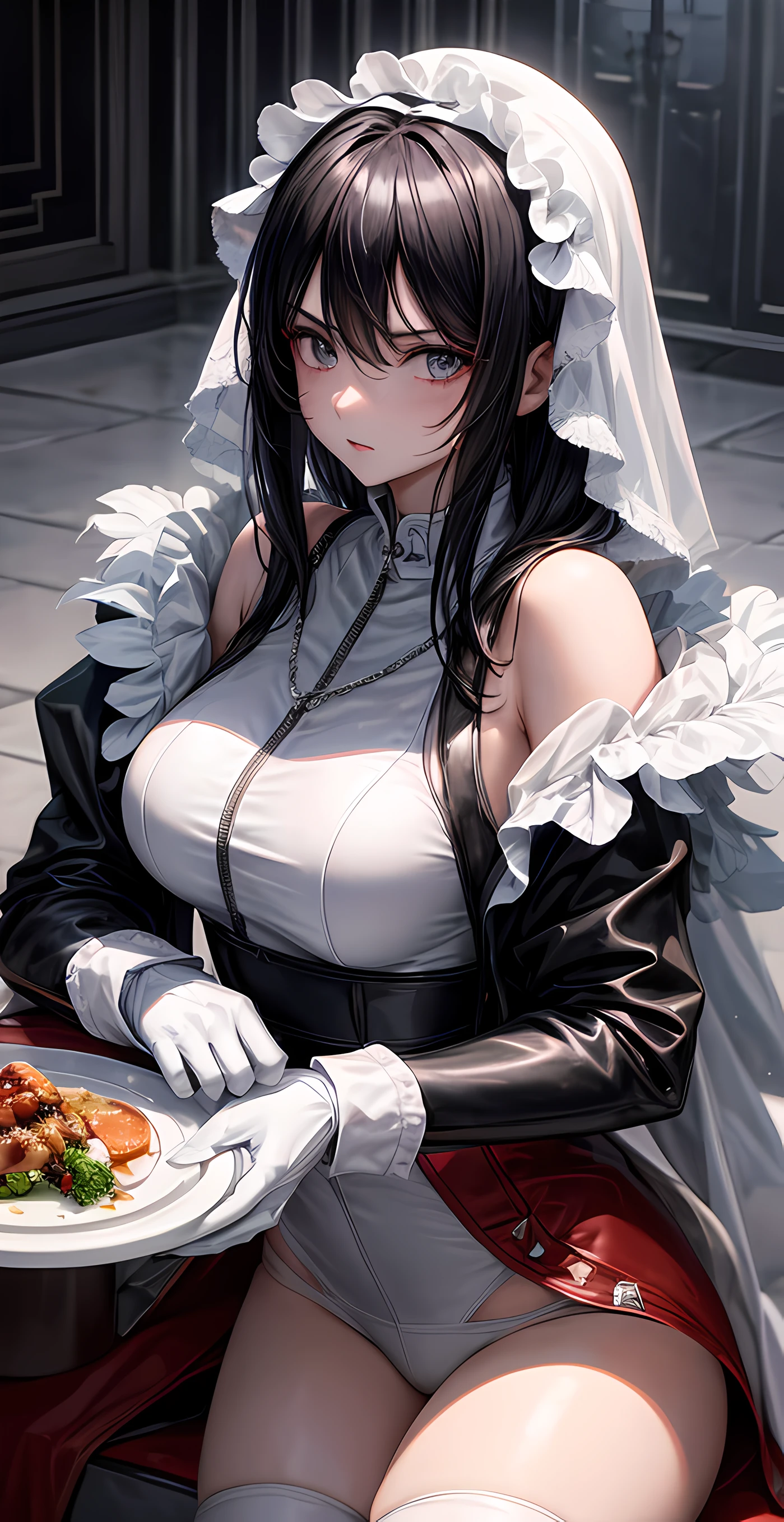 there is a woman sitting at a table with a plate of food, 奈良美智, she is about 3 0 years old, she is about 30 years old, she is about 2 , Ayami, deayami kojima, 1girl in, Beautiful, short-haired, Sportswear, professional photograpy, nffsw, best qualtiy、Masterpieces of thrillers，High Gloss Dark Style，Rag woman's back，Black-white-gray drawings，Bloody moonlight，Hopeless visual impact，Spread your hands wide，It's like hugging the sky，Seductive eyes，Angry look，The ground was covered with blood，Death is imminent, Mirror inversion，Bell Tower Chain，Immaculate cloak，White Gloves，gear wheel，deathia，canny，bleed，Hips raised high，with light glowing，Tight leather pants