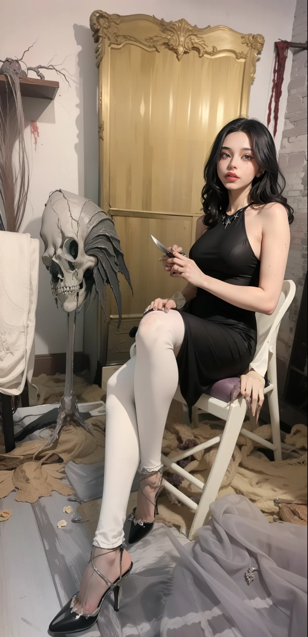 The beautiful girl in lace top and leggings is sitting astride a pile of skeletons in the center of the picture. She is holding a trembling sausage with juice squeezed out in her hand and smiling. There are multiple comic storyboards in the background,cbt, sausage bondage,sausage insertion,Sexy, trampling sausage with high heels heel,(masterpiece, best quality:1.2),1 beautiful girl,sexy,comic storyboard:2, leggings, sit astride, axially symmetrical:2, ,femdom,sounding,cbt,hold,smile,colorful,leggings,thin gap,cameltoe,insertion,trembling,juice,spray, Long hair,Lace top,Sexy, Shiny leggings, High heel,cleveage, trampling, in forest, saliva , Mucus,