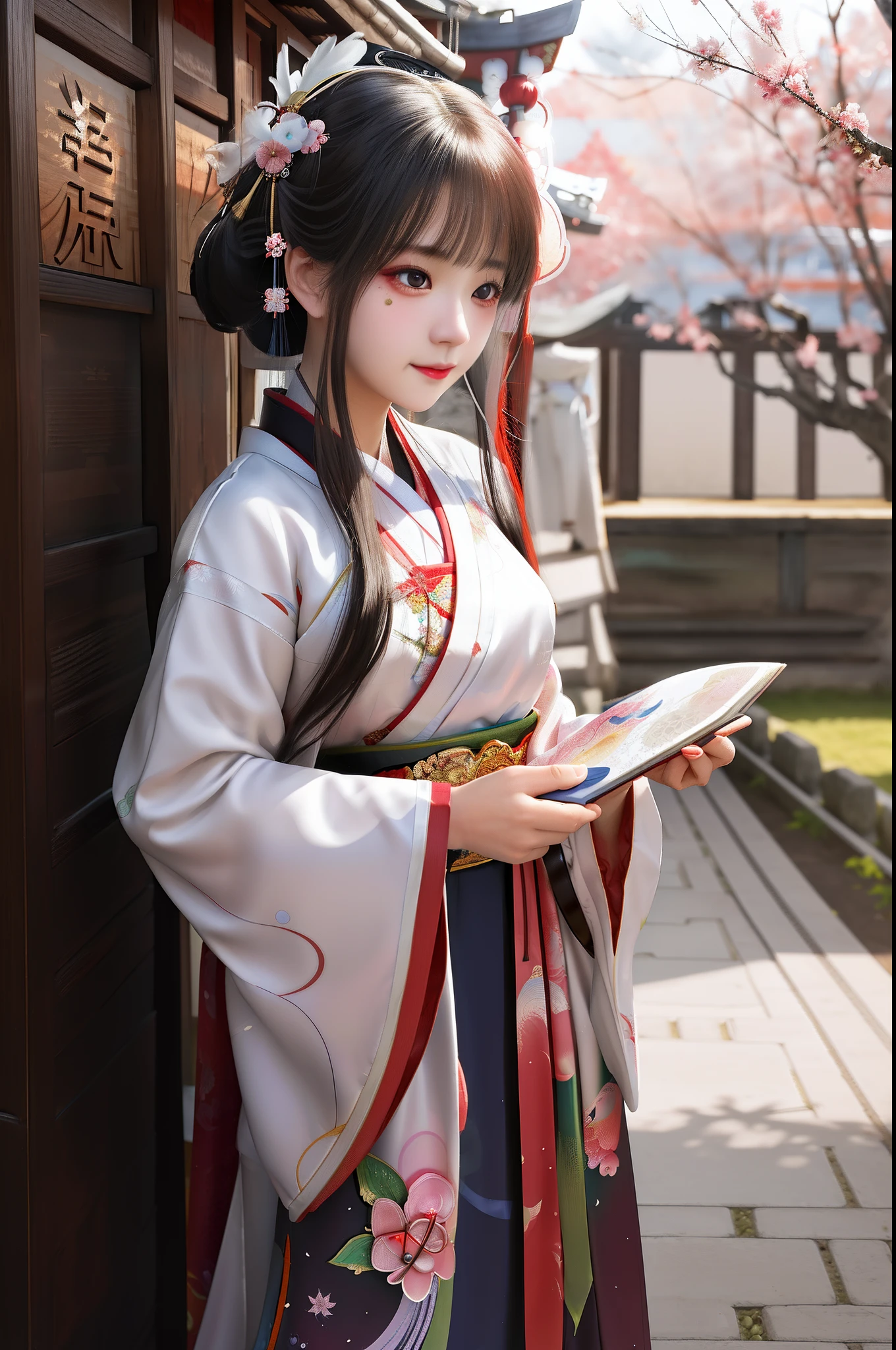 There is a woman in a kimono dress holding a book, Palace , A girl in Hanfu, Guviz-style artwork, White Hanfu, Beautiful character painting, Anime girl cosplay, Guviz, Hanfu, Wearing ancient Chinese clothes, Anime girl in real life, Chinese goddess, Love eyes, tear moles, perfect side face, slender fingers