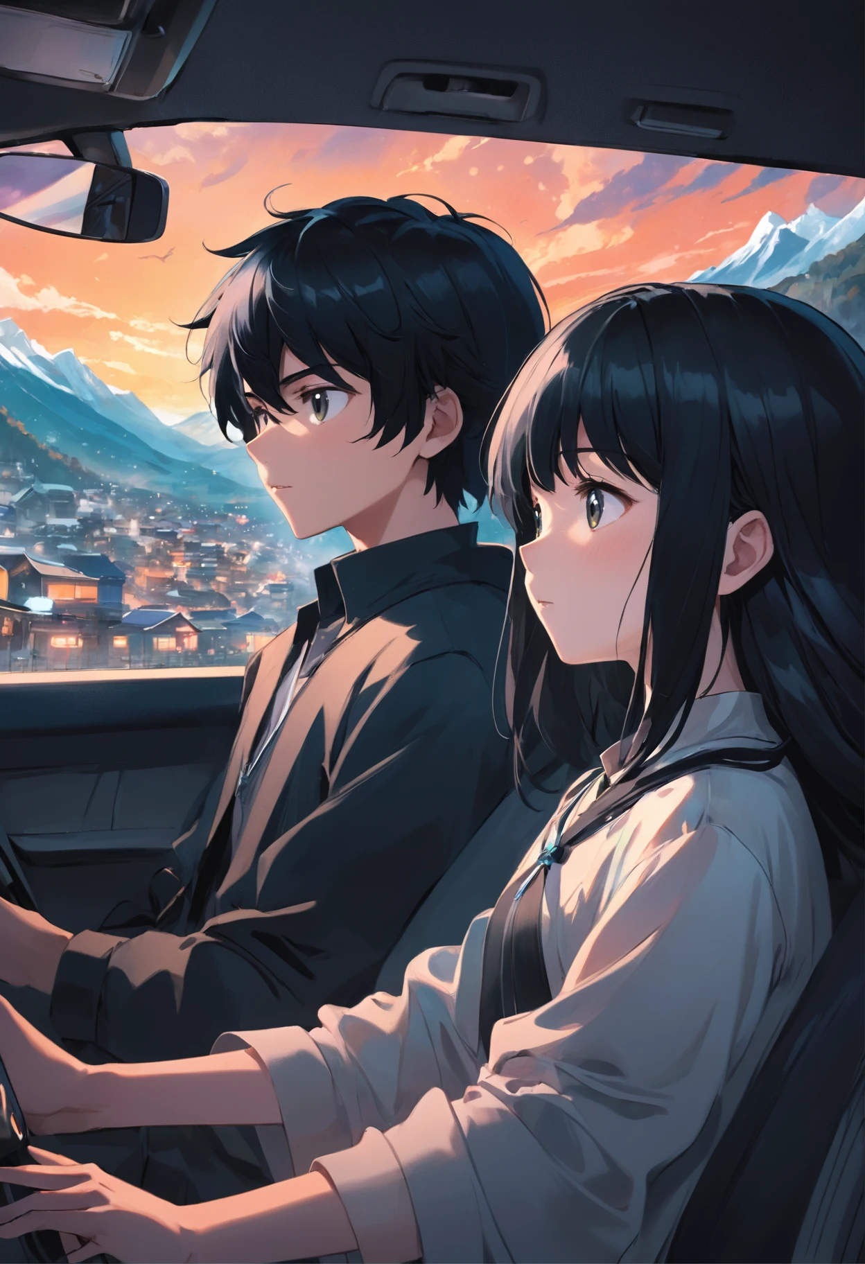 Black hair, 1 boy Driving car, black hair girl in other side using phone with earphones, as we see town in green mountains from car window