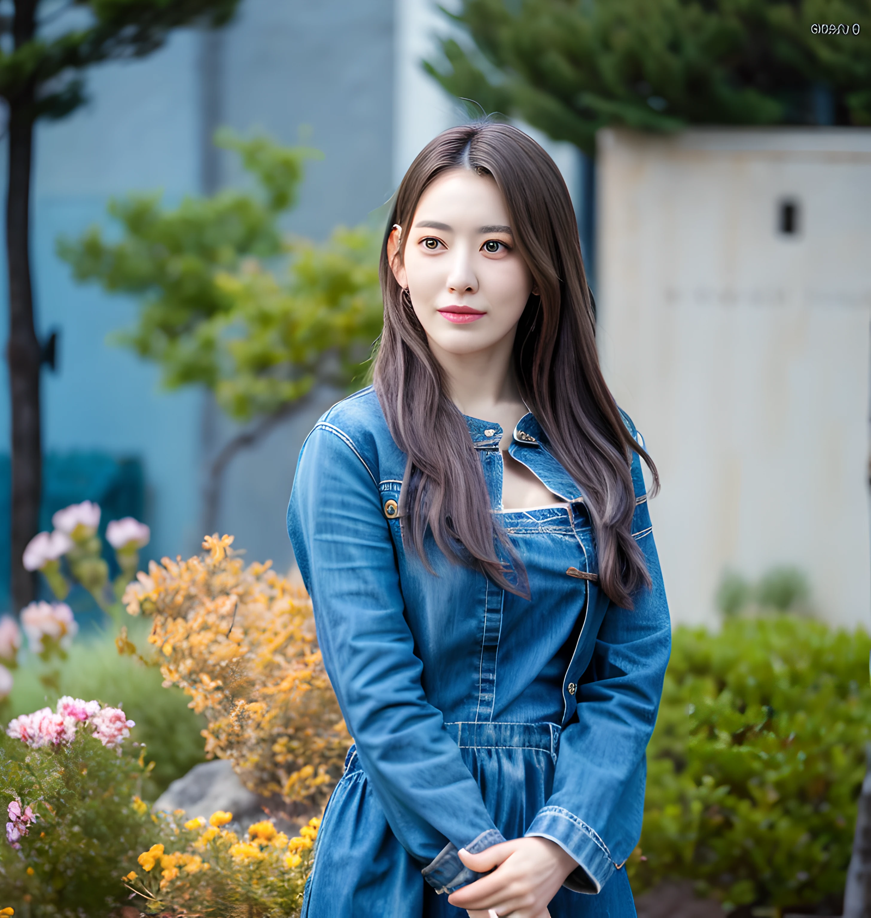 a girl ,garden background, (8k, best quality, masterpiece:1),(intricate details:1),(photorealistic:1.5),octane render, complex 3d render ultra detailed, studio soft light, rim light, vibrant details, ultra detailed, realistic skin texture, detailed face, beautiful detailed eyes, makeup, (detailed background:1.2), (cowboy shot:1.2),(perfect anatomy:1.2), (one personin frame only :1), (blue dress:1)