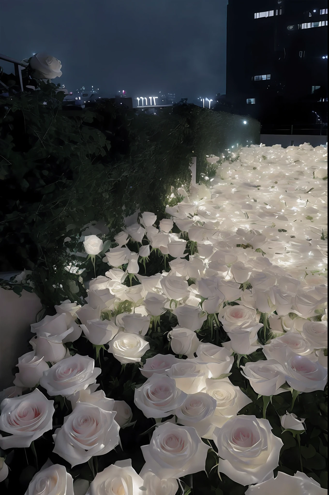 There are many white roses in the fields，The background is the building, field of flowers at night, Flower beds on the floor, Glowing flowers, Luminous flowers, White roses, At night, In the evening, beautiful light up, white flowers on the floor, rosette, snapchat photo, taken on iphone 14 pro, roses in cinematic light, laying on roses