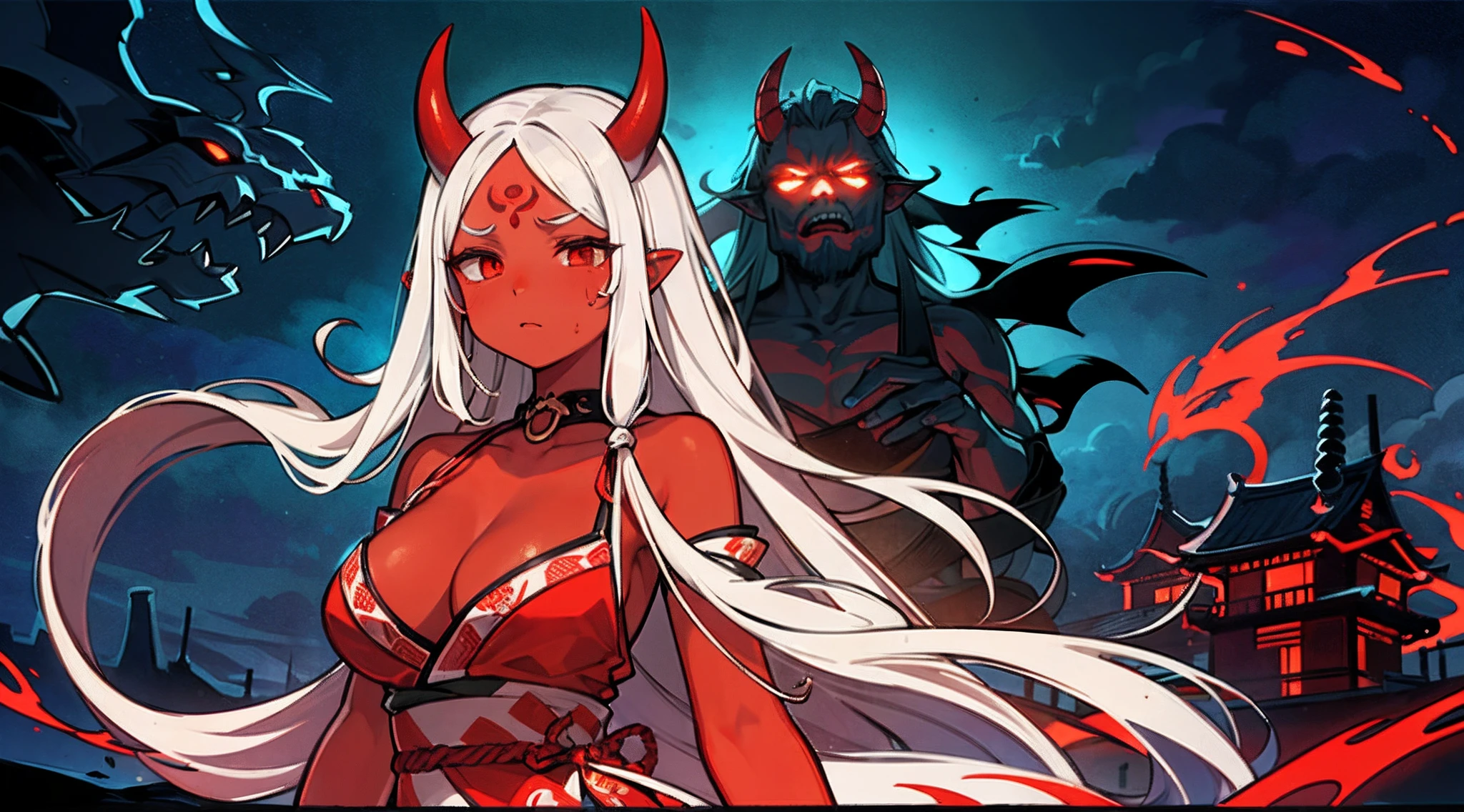 Night Parade of One Hundred Demons, Hyakki Night Line, demon, colored skin, red skin, oni, oni horns, "Night Parade of One Hundred Demons, an epic and haunting masterpiece, capturing the essence of Japanese folklore and supernatural beings, with impeccable attention to detail, vibrant colors, and dynamic lighting. A surreal and atmospheric scene depicting a winding night street, filled with a multitude of fantastical creatures such as yokai, ghosts, and spirits. The atmosphere is eerie yet beautiful, with a touch of mystery and wonder.+"