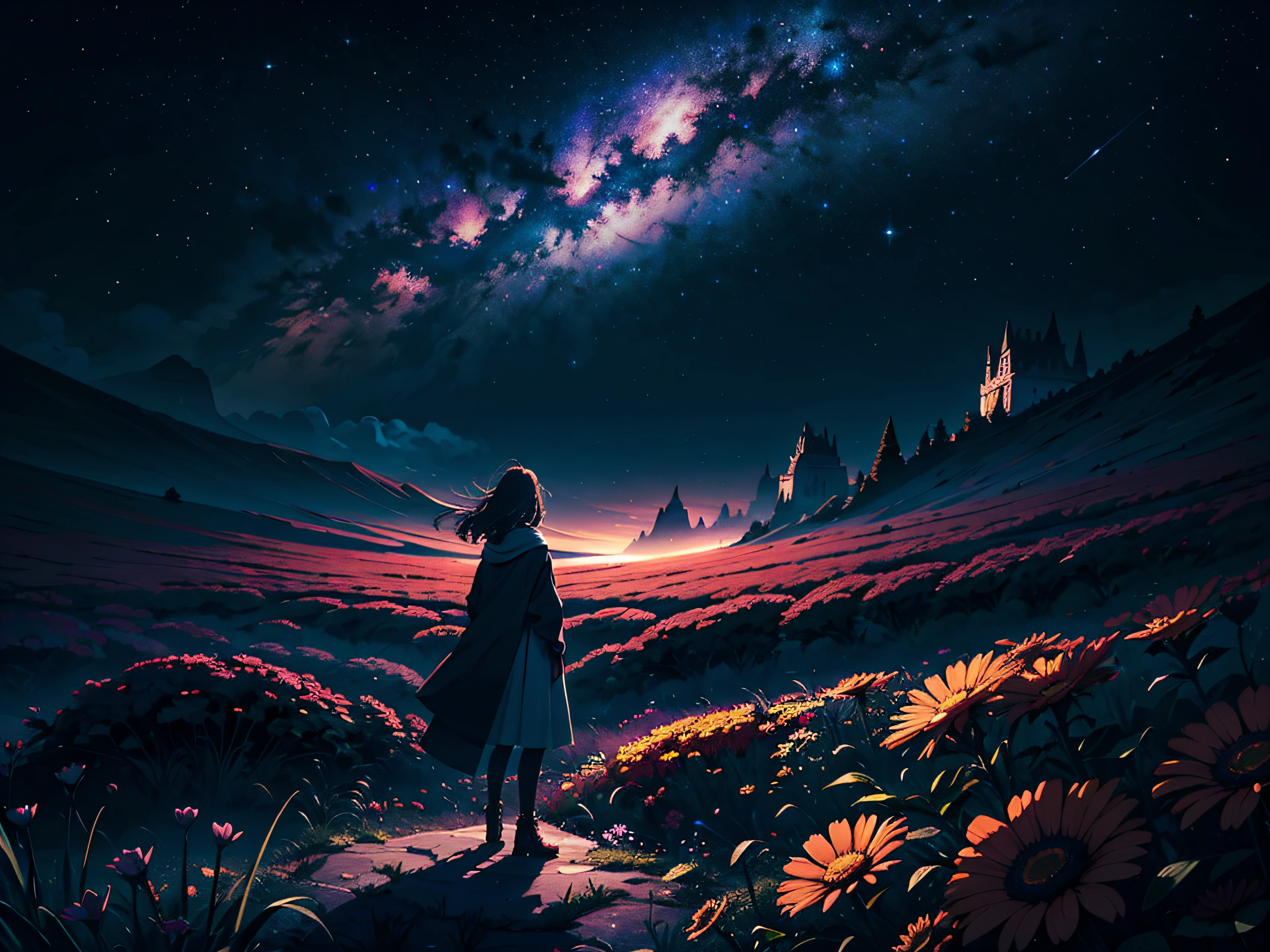4k Landscape, beautiful stars at background, looks like a dream, sky looking extremely beautiful, ultra resolution, perfect lighting, Dark space, space photo, extremely beautiful, fantasy world, girl standing on flowers, looking at the sky, dark vibes, perfect color grading, a planet at the sky