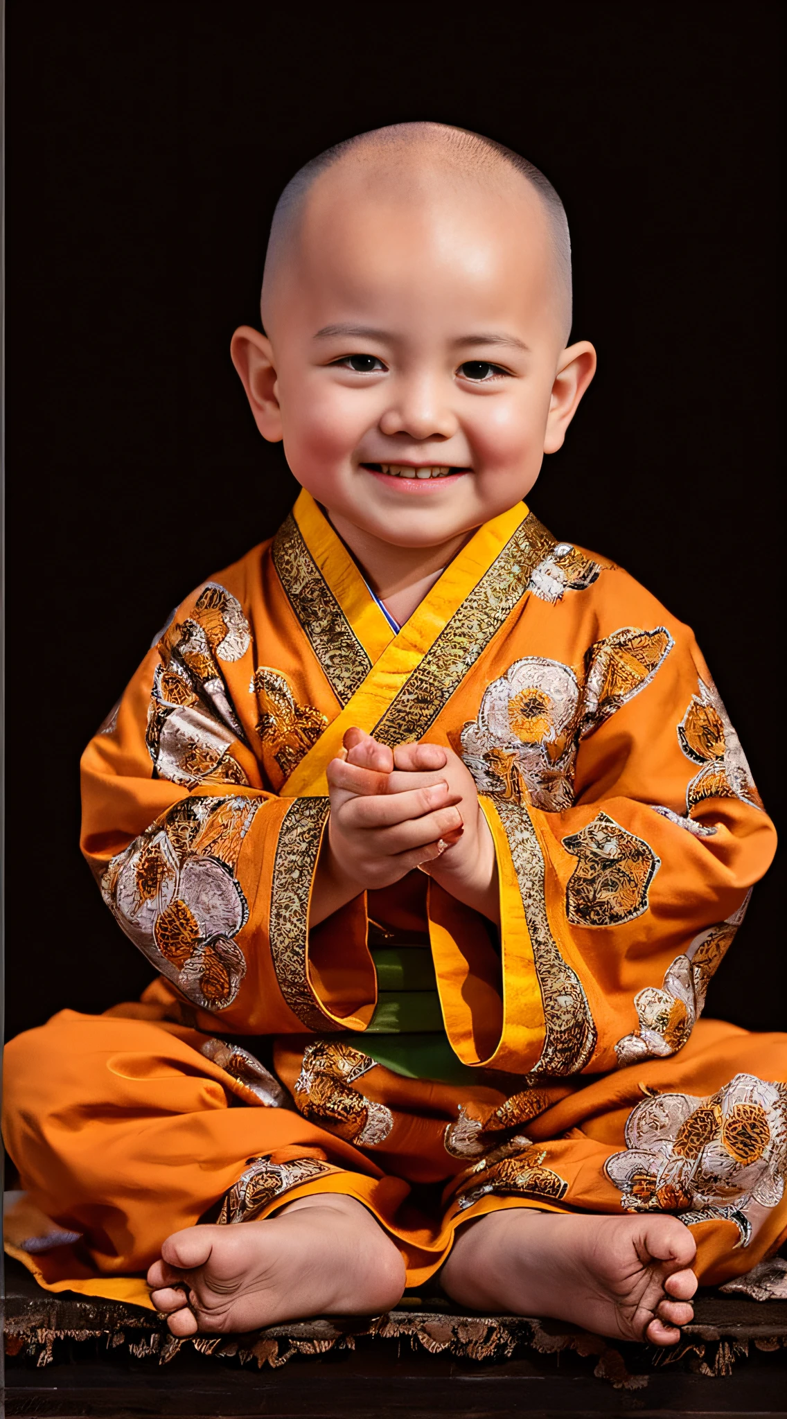 A young bald little monk，had his hands folded，Sit cross-legged，Face to the audience，The background is black，Ultra-clear image quality，Hyper-realistic