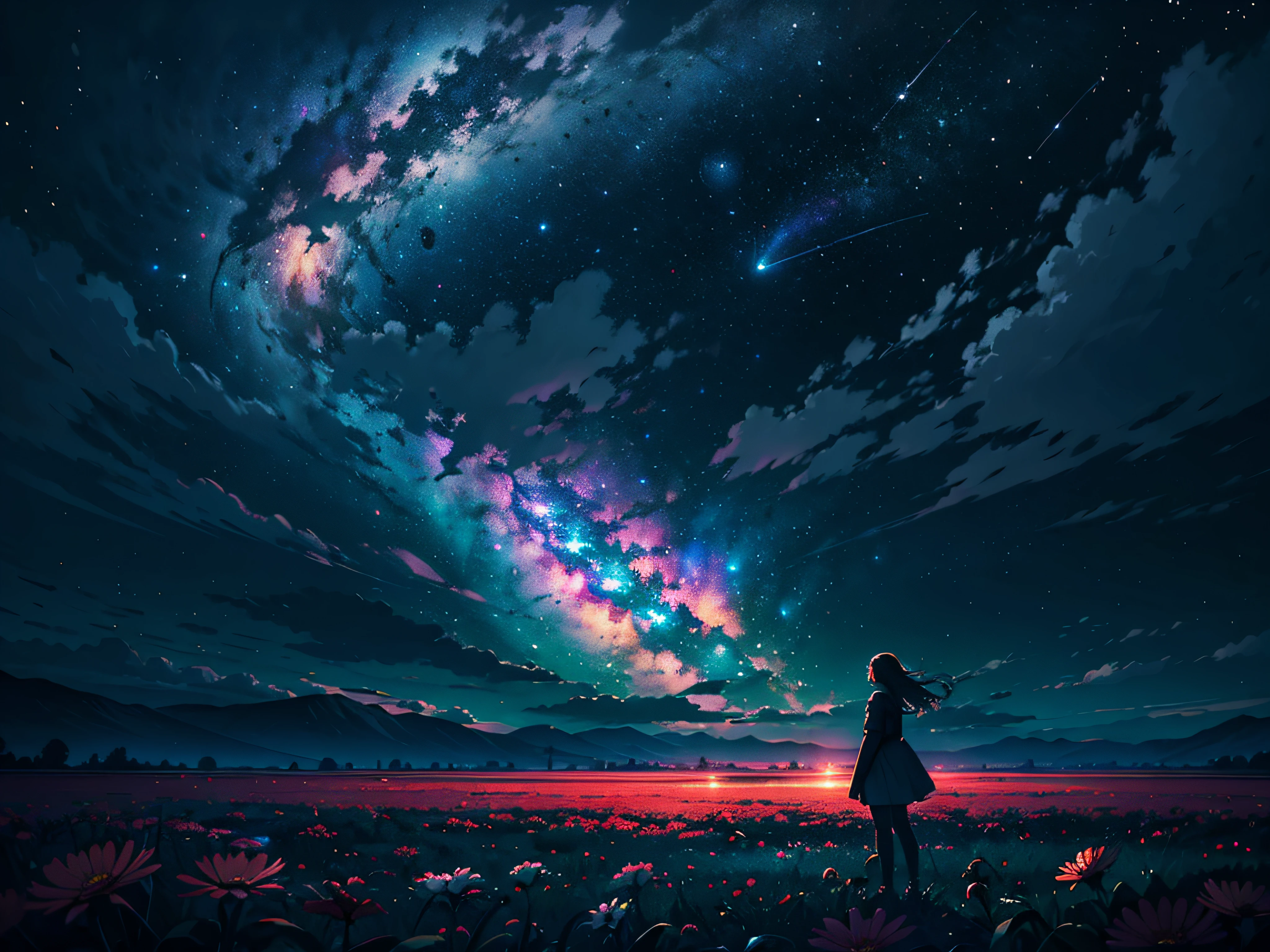 4k Landscape, beautiful stars at background, looks like a dream, sky looking extremely beautiful, ultra resolution, perfect lighting, Dark space, space photo, extremely beautiful, fantasy world, girl standing on flowers, looking at the sky, dark vibes, perfect color grading, a planet at the sky